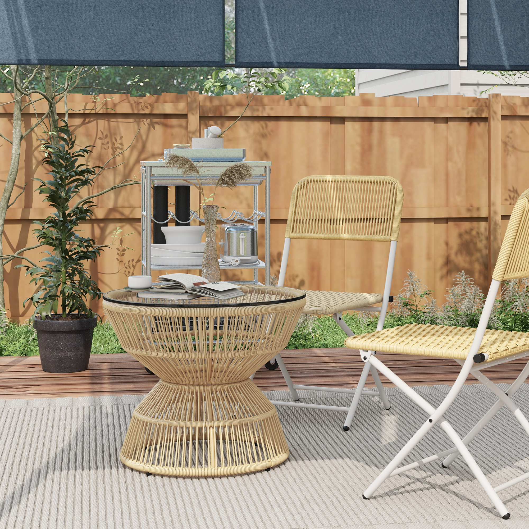 Outsunny Outdoor-Beistelltisch Gartentisch Rattan-Beistelltisch, Glasplatte, PE-Rattan, 60 cm x 60 cm x 50 cm, Natur