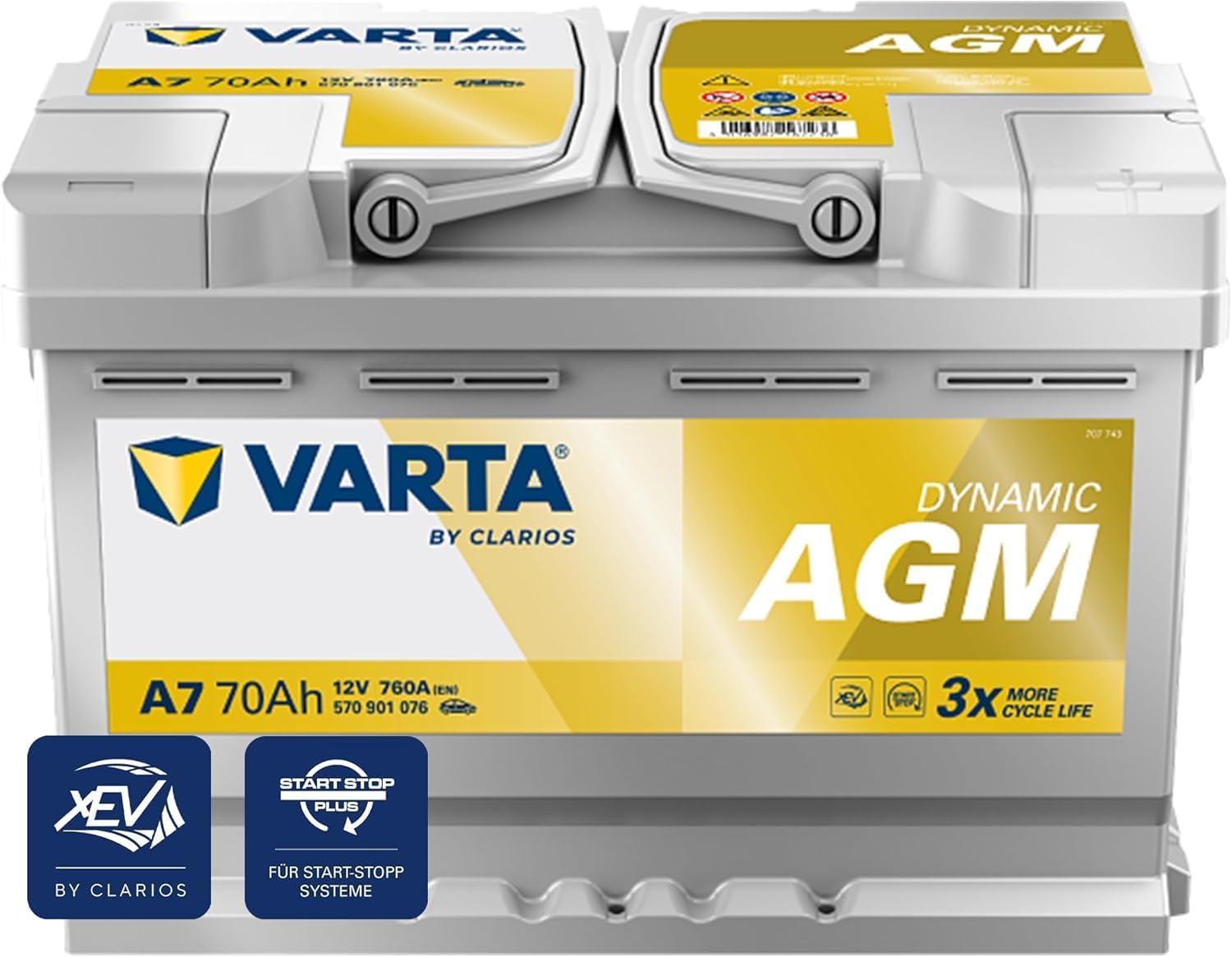VARTA Automotive DYNAMIC AGM (A7) 12V 70Ah 760A - Batteria auto al piombo-acido per sistemi start-stop e xEV - Batteria di avviamento per fabbisogno energetico più elevato - senza manutenzione