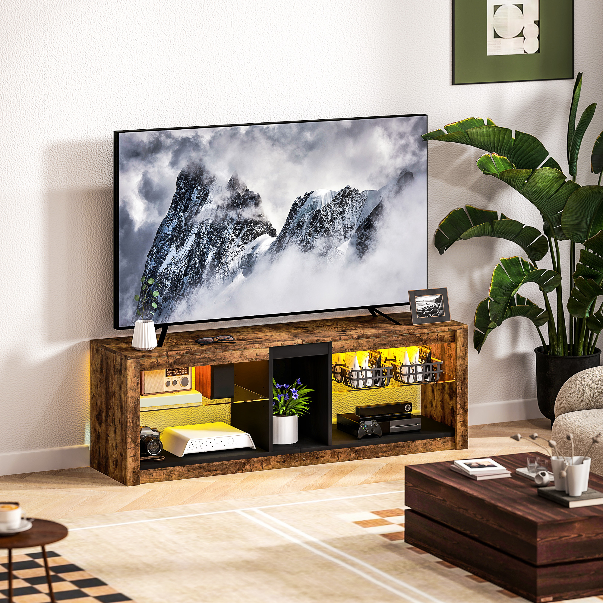 HOMCOM TV-Möbel mit LED-Lichtern und Fernbedienung, offene Regale und Fächer, 140x35x47cm, braun
