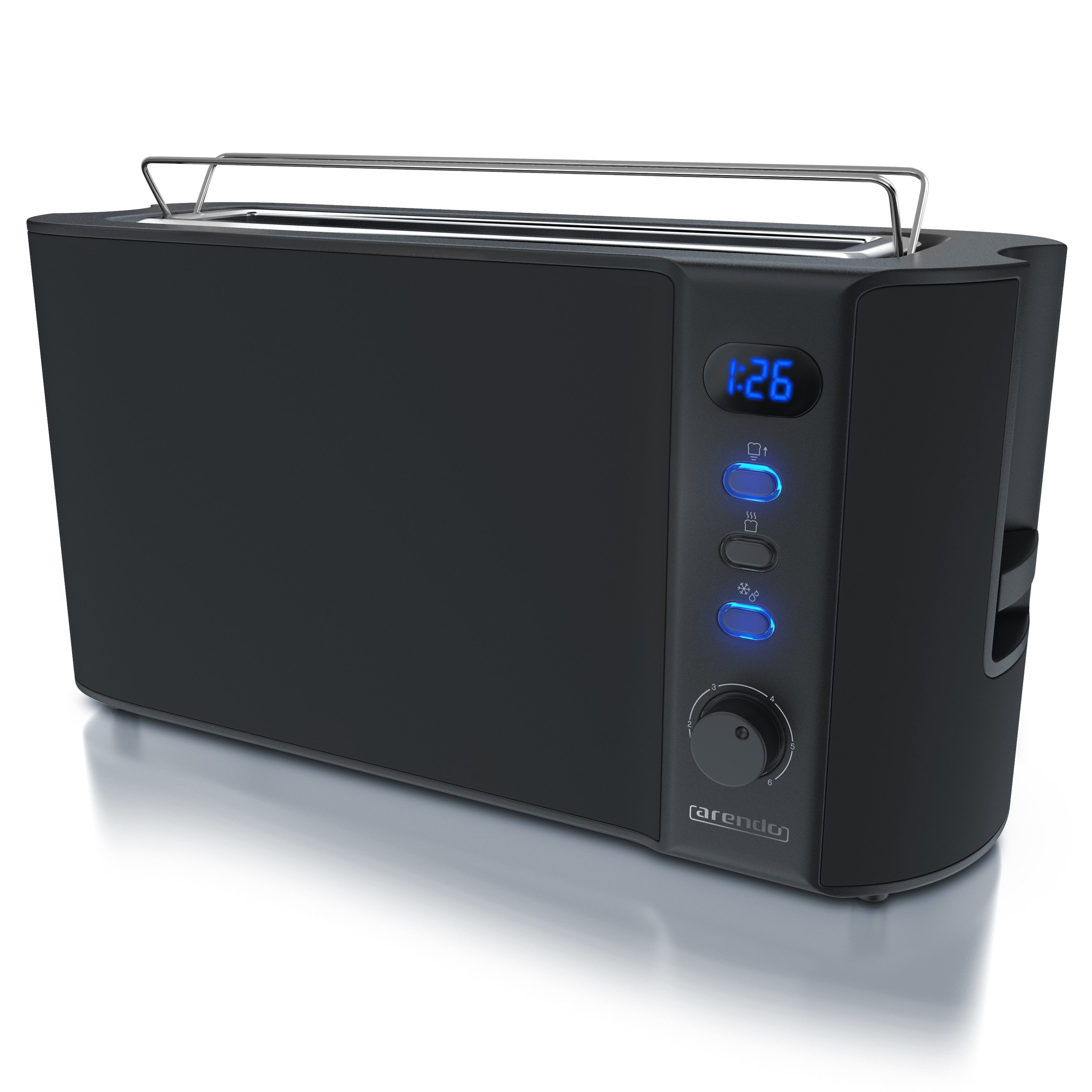 Toaster Edelstahl, Langschlitz, Brötchenaufsatz, Display mit Restzeitanzeige