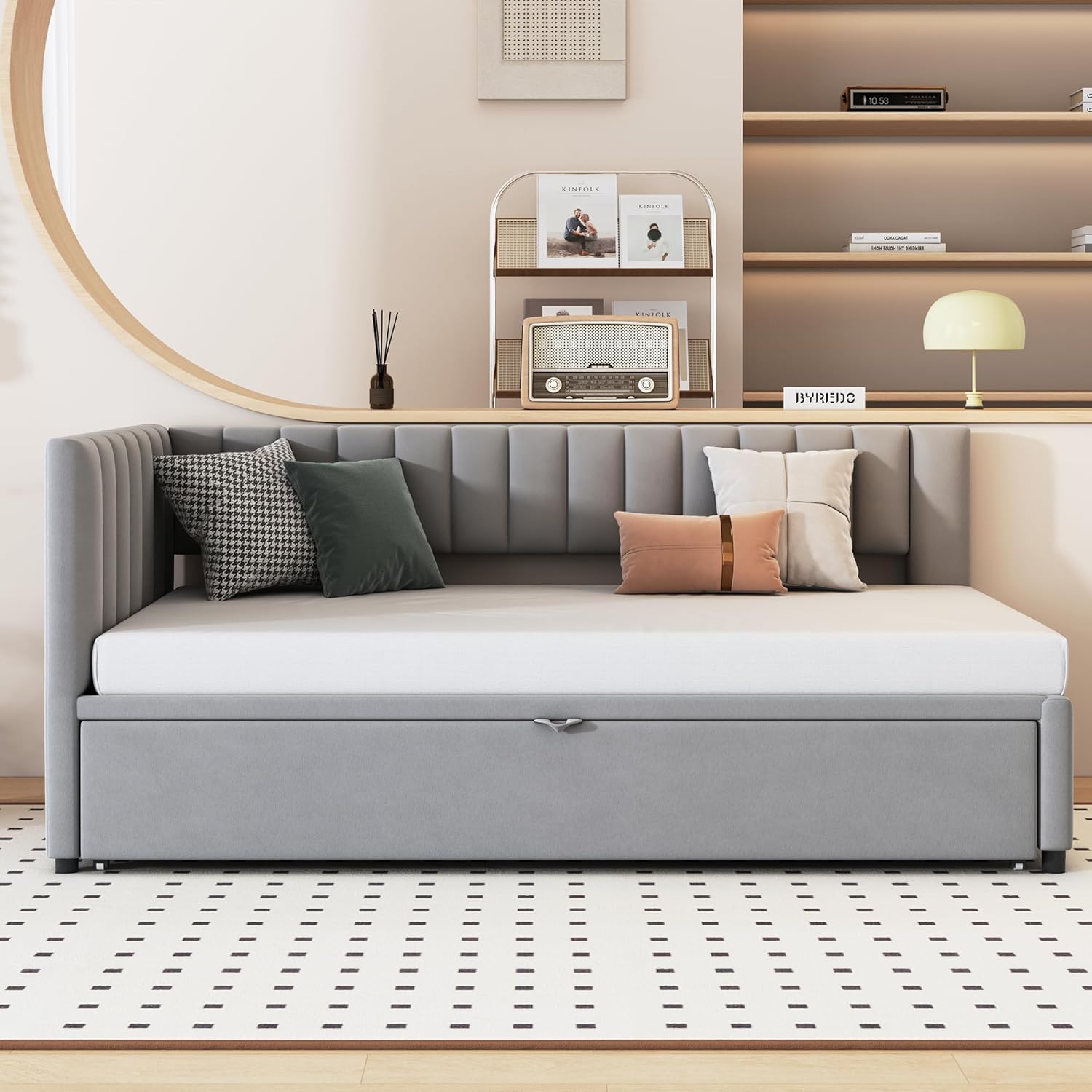Letto per gli ospiti, divano letto multifunzionale a forma di L, con letto estraibile, in tessuto di velluto, design salvaspazio per lettino, 208 x 97,5 x 75 cm (grigio chiaro)