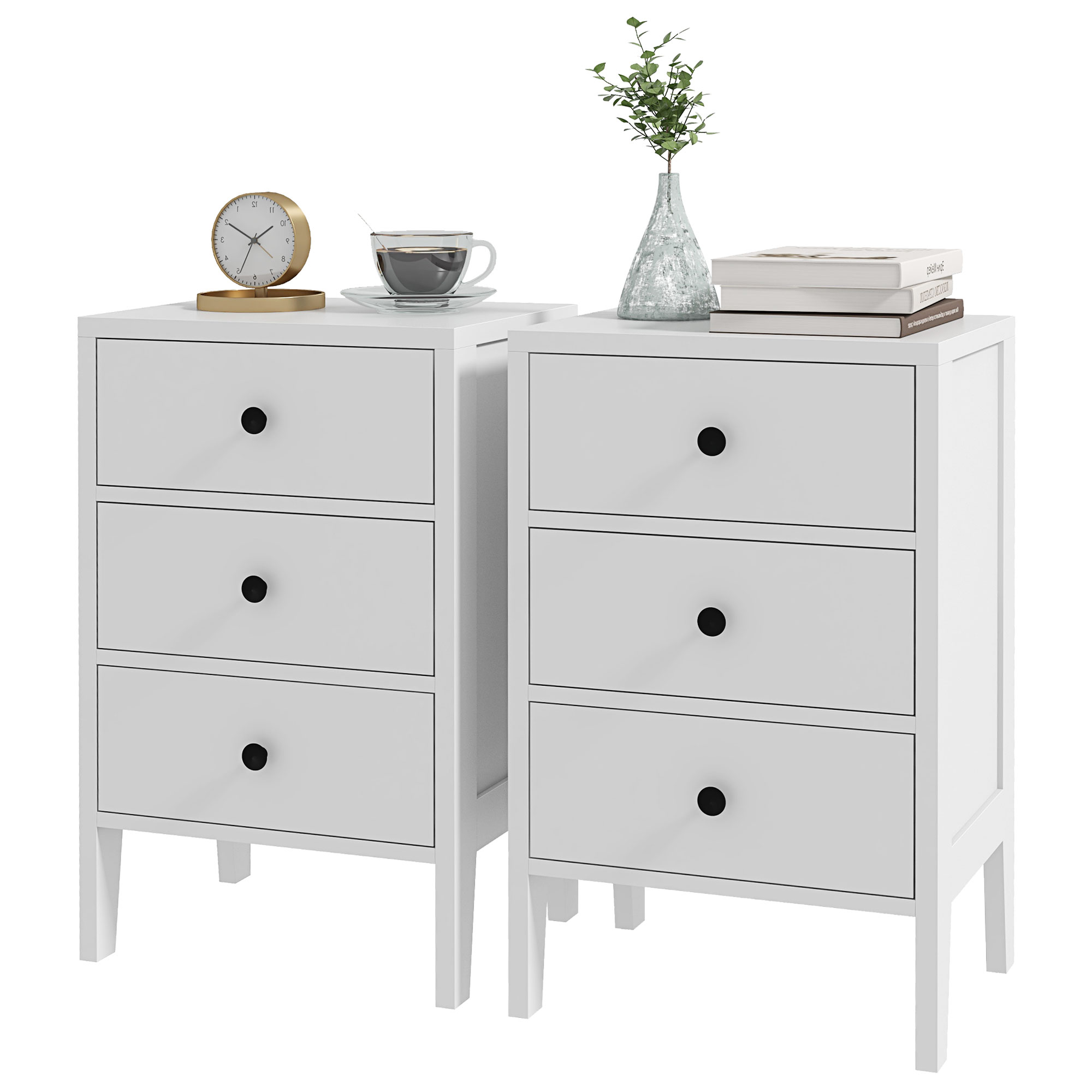 HOMCOM Set aus 2 Nachttischen, Beistelltische, 3 Schubladen für Schlafzimmer aus Holz, 40B x 30T x 64H cm, Weiß