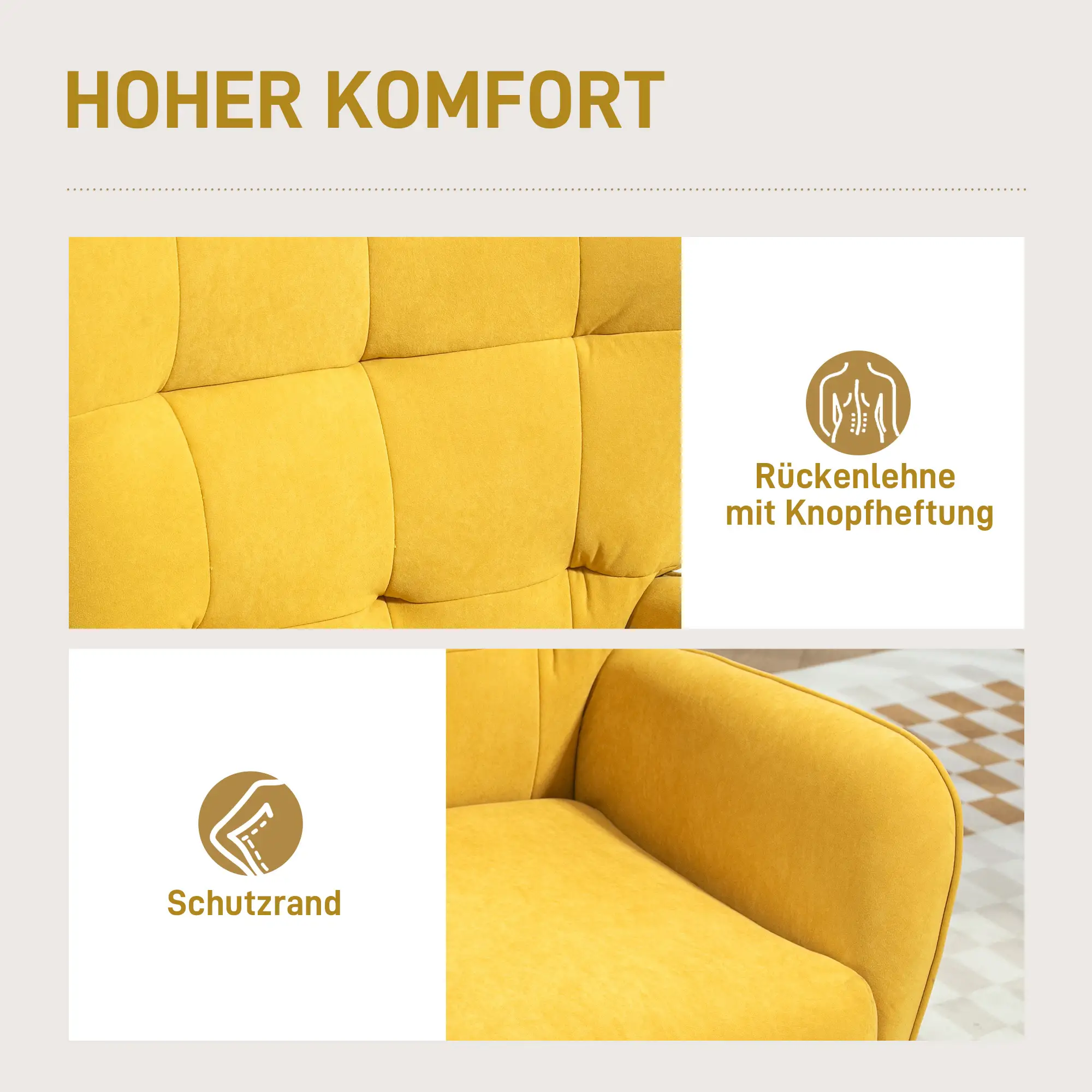 HOMCOM Polsterstuhl Loungesessel luxuriöser Komfort Steppung Samt Gelb