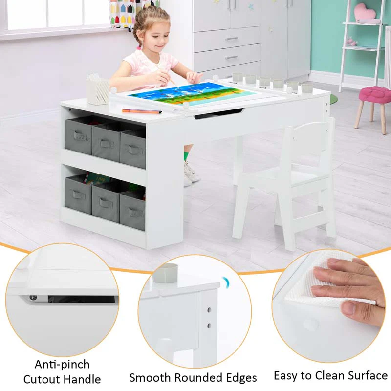 2-in-1 Kids Art Table Chair Set for Drawing Writing, Toddler Craft Play Wood Activity Desk w/2 Chairs Paper Roll Storage Canvas Bins