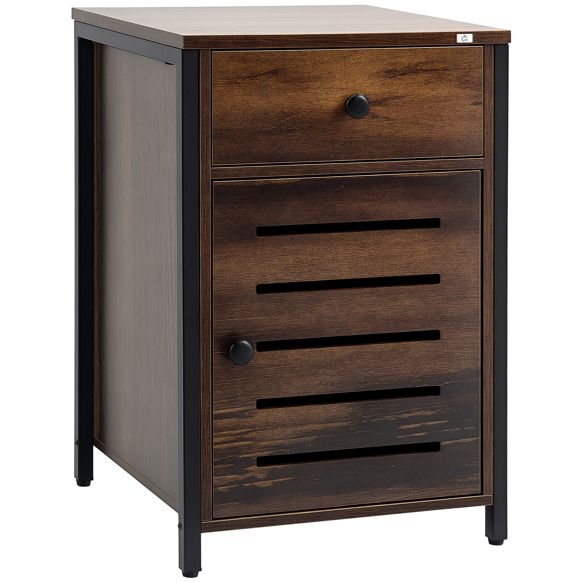 HOMCOM Nachttisch im Industriedesign, Nachtkommode, Beistelltisch, 1 Schublade, 1 Schrank, Schwarz + Braun