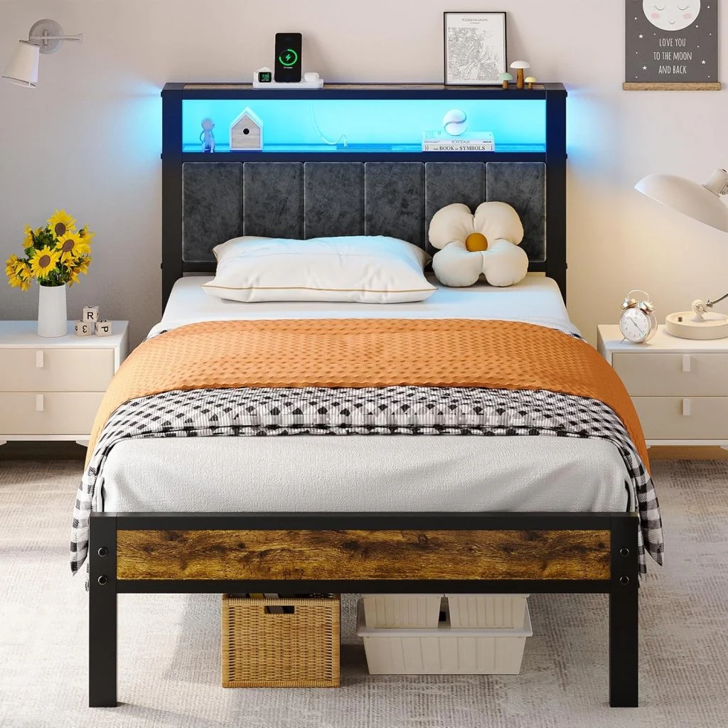 Queen Size Bed Frame with 2-Tier Storage Shelves Headboard, Platform Bed with Charging Station, LED Lights No Box Spring Needed Noise Free