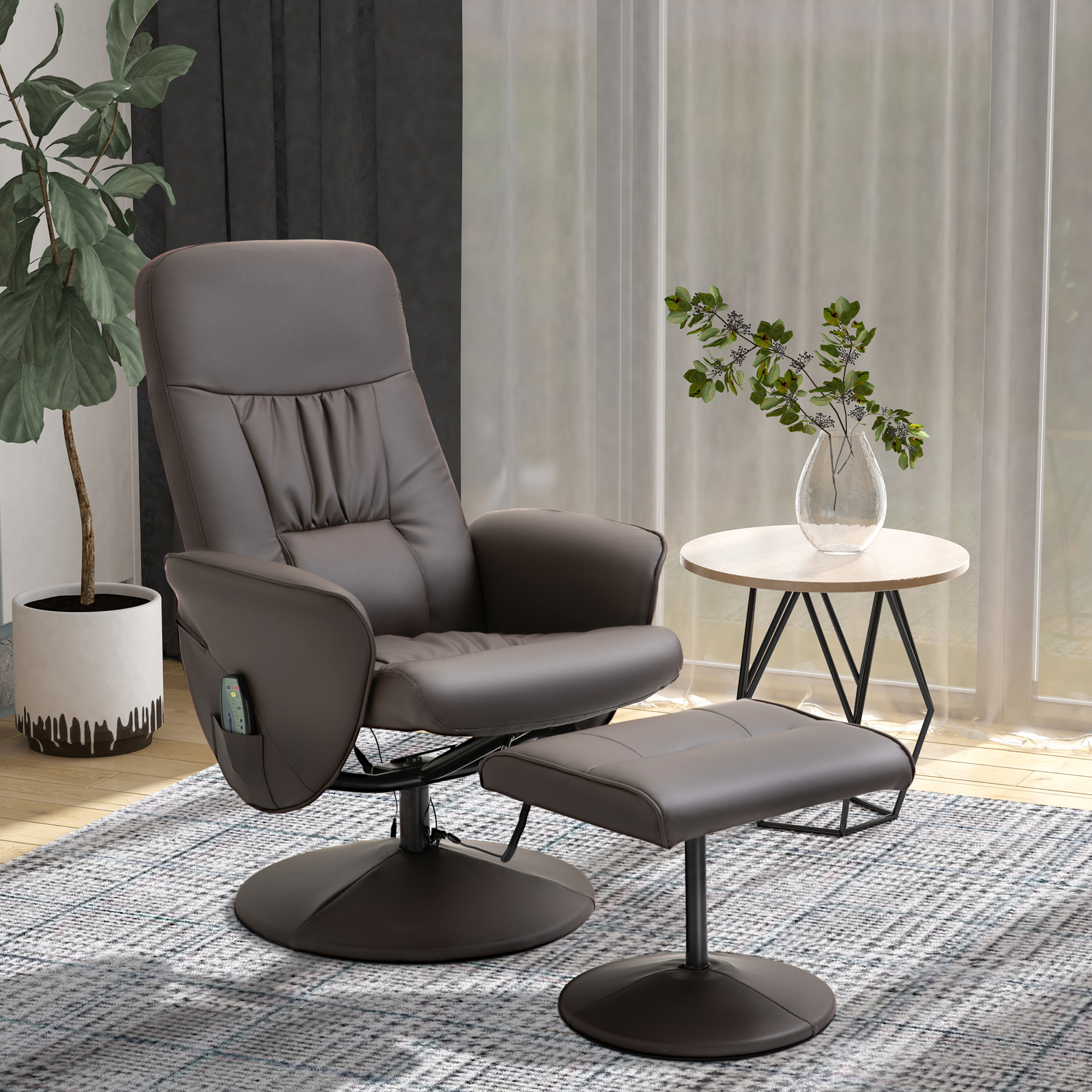 HOMCOM Relaxsessel mit Hocker, drehbarer Fernsehsessel mit 10 Massagepunkte, Liegefunktion, Massagesessel mit Fernbedienung, Seitentasche, TV-Sessel, Kunstleder, Braun