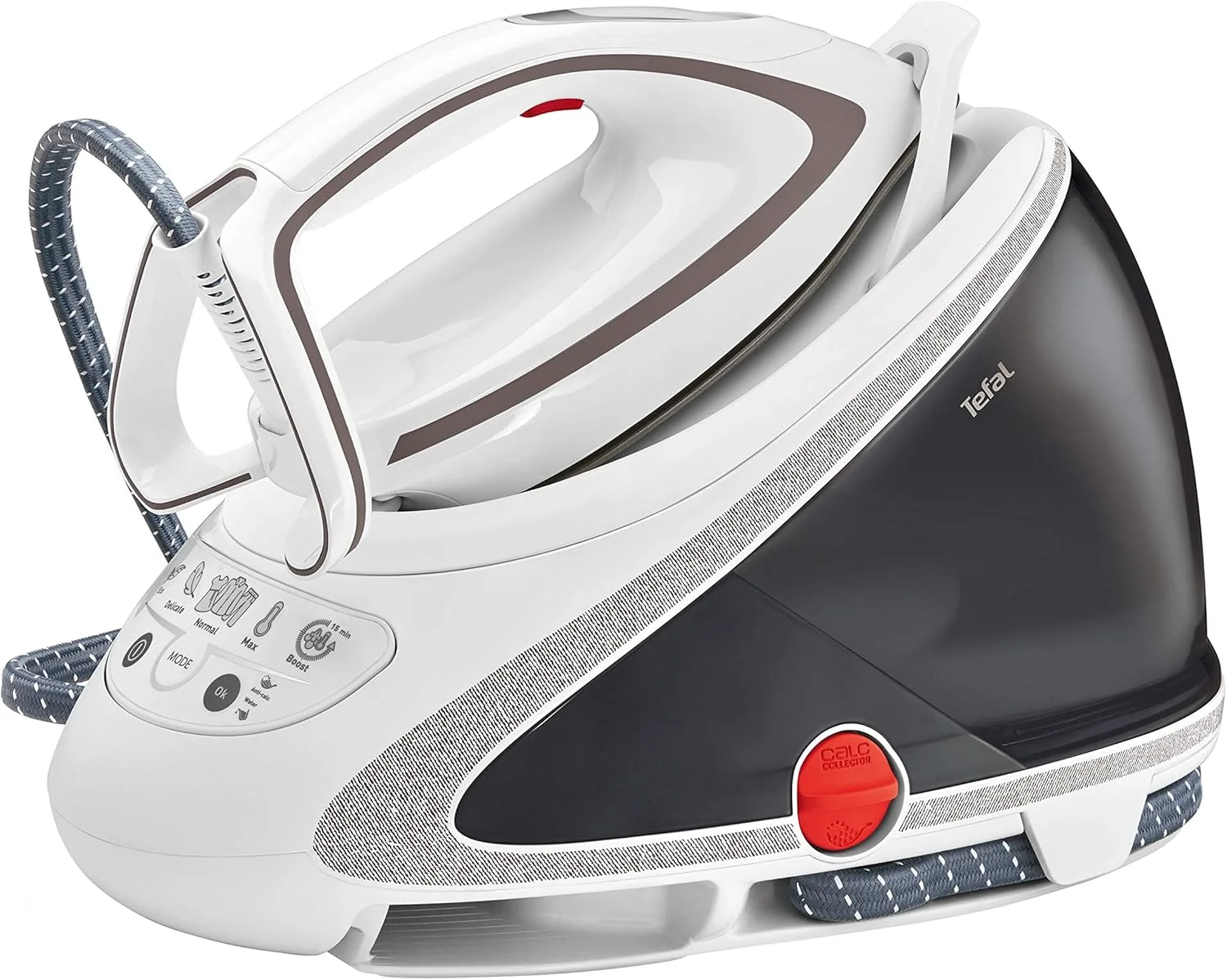 Tefal Dampfbügelstation Pro Express Ultimate, 7,7 Bar, 155 g/Min. Kontinuierlicher Dampf, 500 g/Min. Extra-Dampfstoß, 2600 Watt, Kalk-Kollektor, Bügeleisen Dampfstation, weiß/grau, GV9567