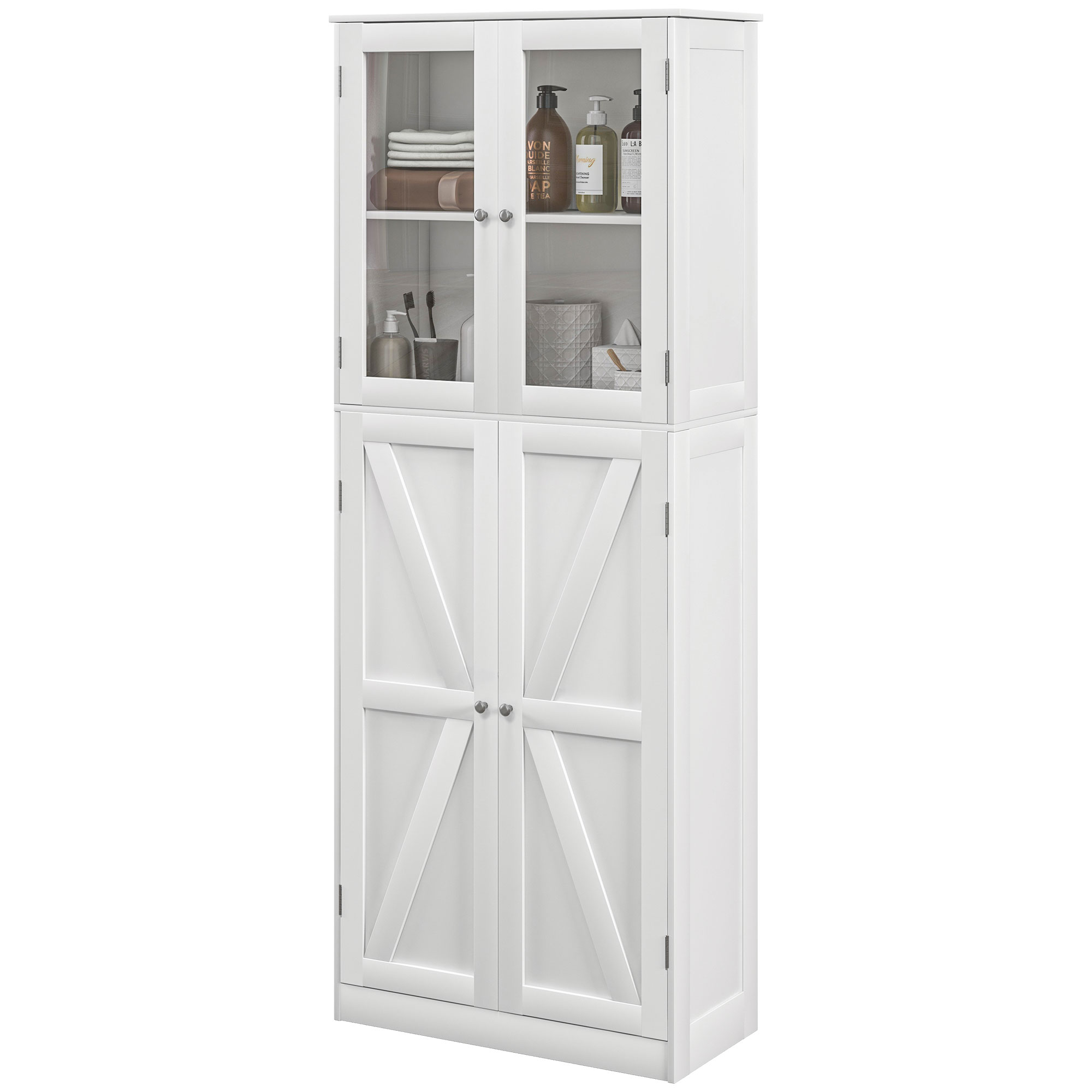 HOMCOM Badezimmerschrank, Aufbewahrungsschrank, mit Doppeltüren aus gehärtetem Glas, 60 x 30 x 160 cm, weiß