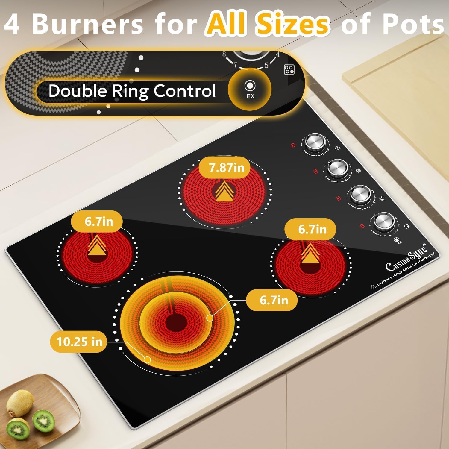 30 Inch Built-In Electric Ceramic Glass Cooktop, 4 Burners, 7200W Total Power, Knob Control, Compatible with Flat-Bottom Cookware, 220-240V Hardwired
