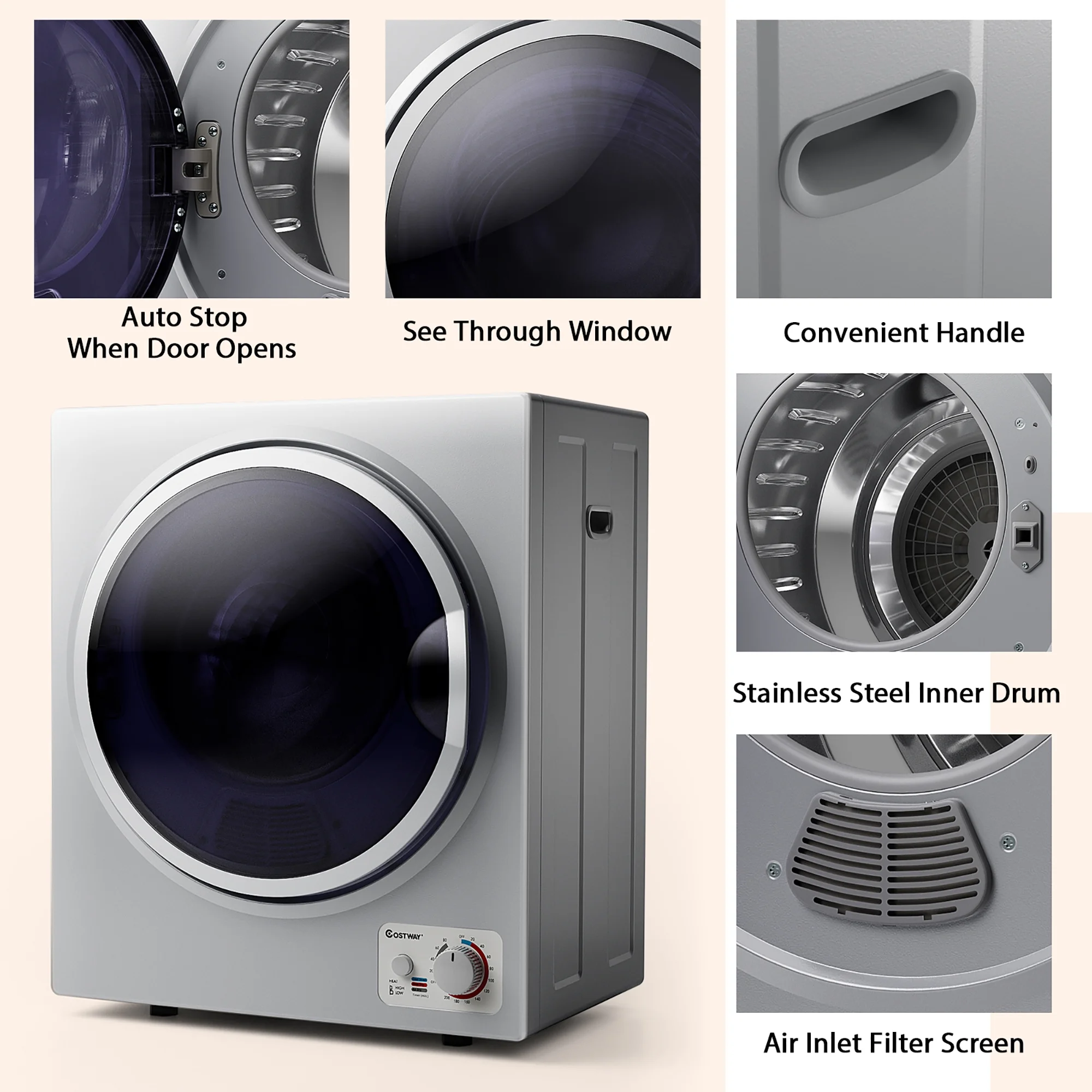 Costway Electric Tumble Compact Laundry Dryer Stainless Steel Wall Mounted 1.5 cu .ft.