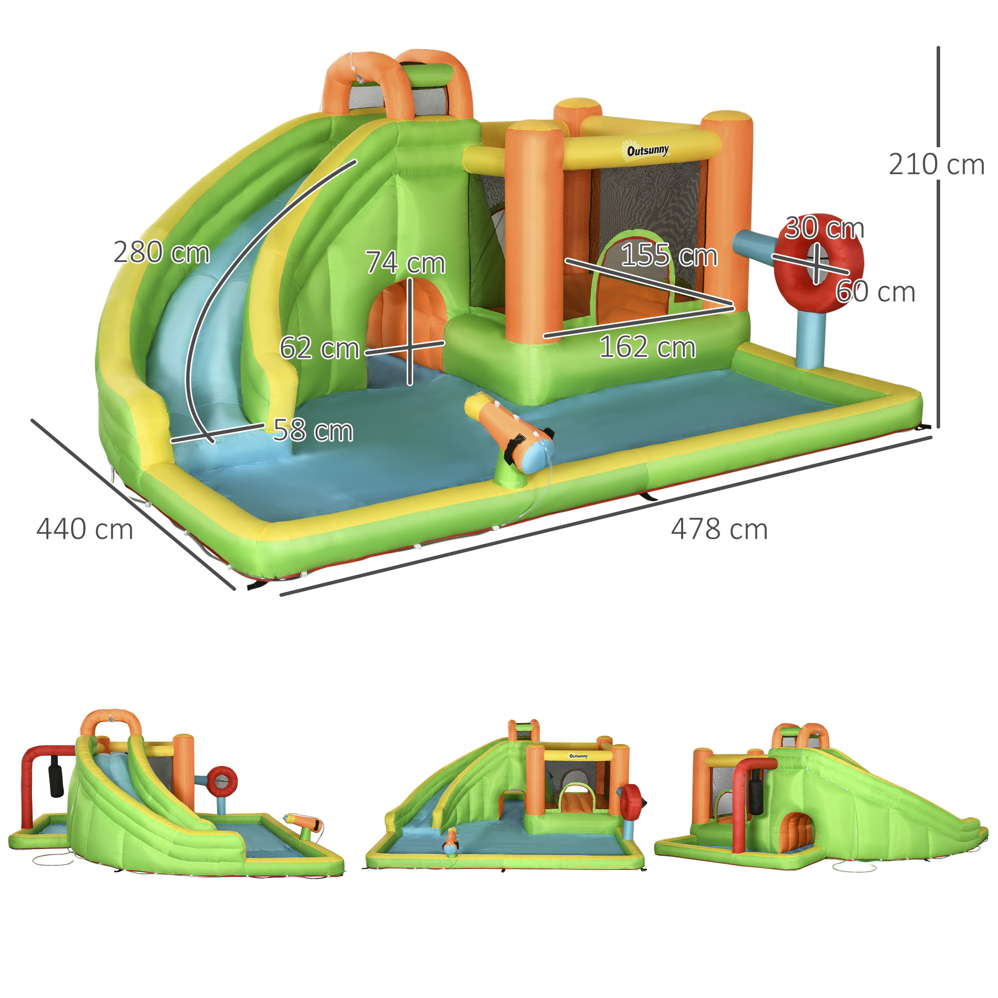 Opblaasbaar springkasteel met glijbaan, springkussen, 2 waterbaden, bokszak, 478 x 440 x 210 cm