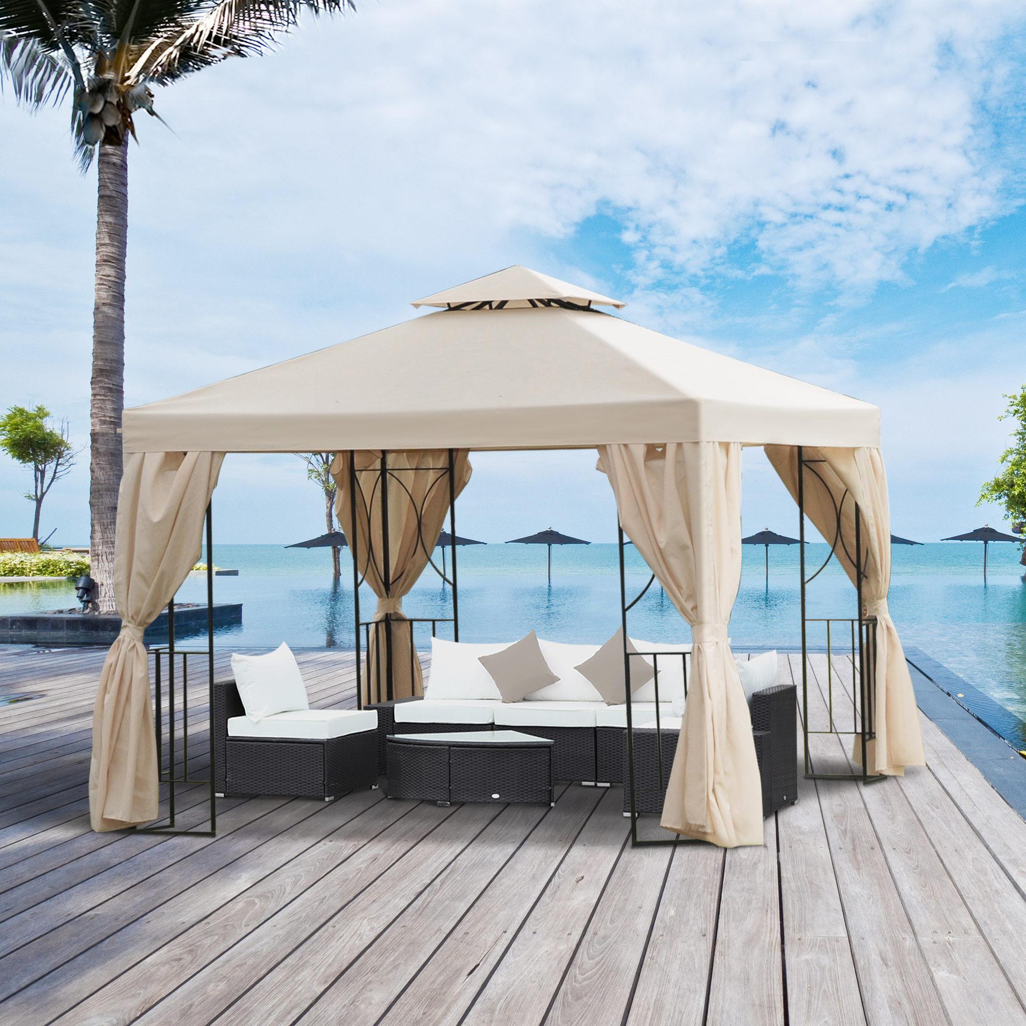 Outsunny Gartenpavillon Pavillon 2,95 x 2,95 m Doppeldach Partyzelt Festzelt 4 x Doppel-Seitenteile wasserdicht UV-Schutz Metall Polyester Creme