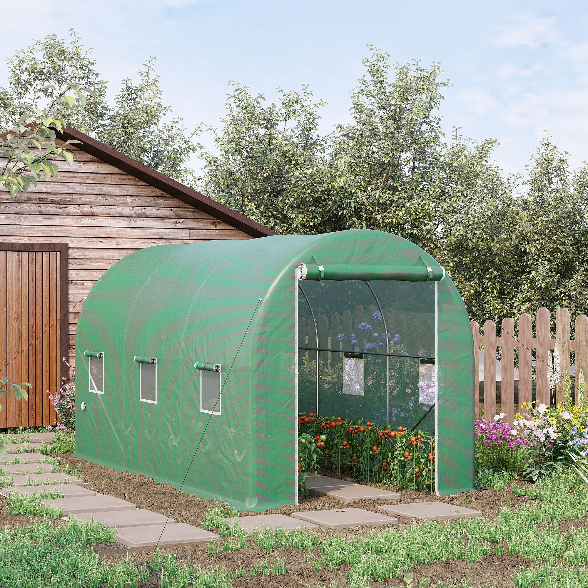 Outsunny Tunnelgewächshaus für den Garten Bodenfläche 8 m² 4L x 2B x 2,05H m verstärkter Stahlrahmen Reißverschlusstür 6 aufrollbare Fenster Grün