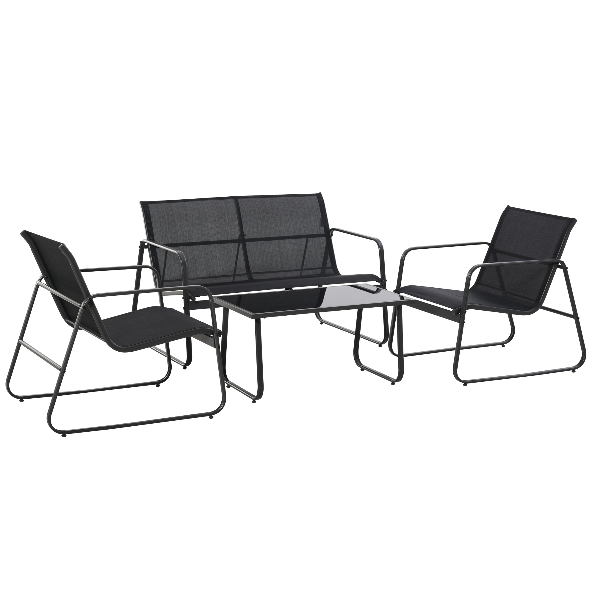 Outsunny Set Tisch mit Bank und 2 Stühlen für den Garten, Gartenmöbel-Set aus Metall und Texteline, Schwarz