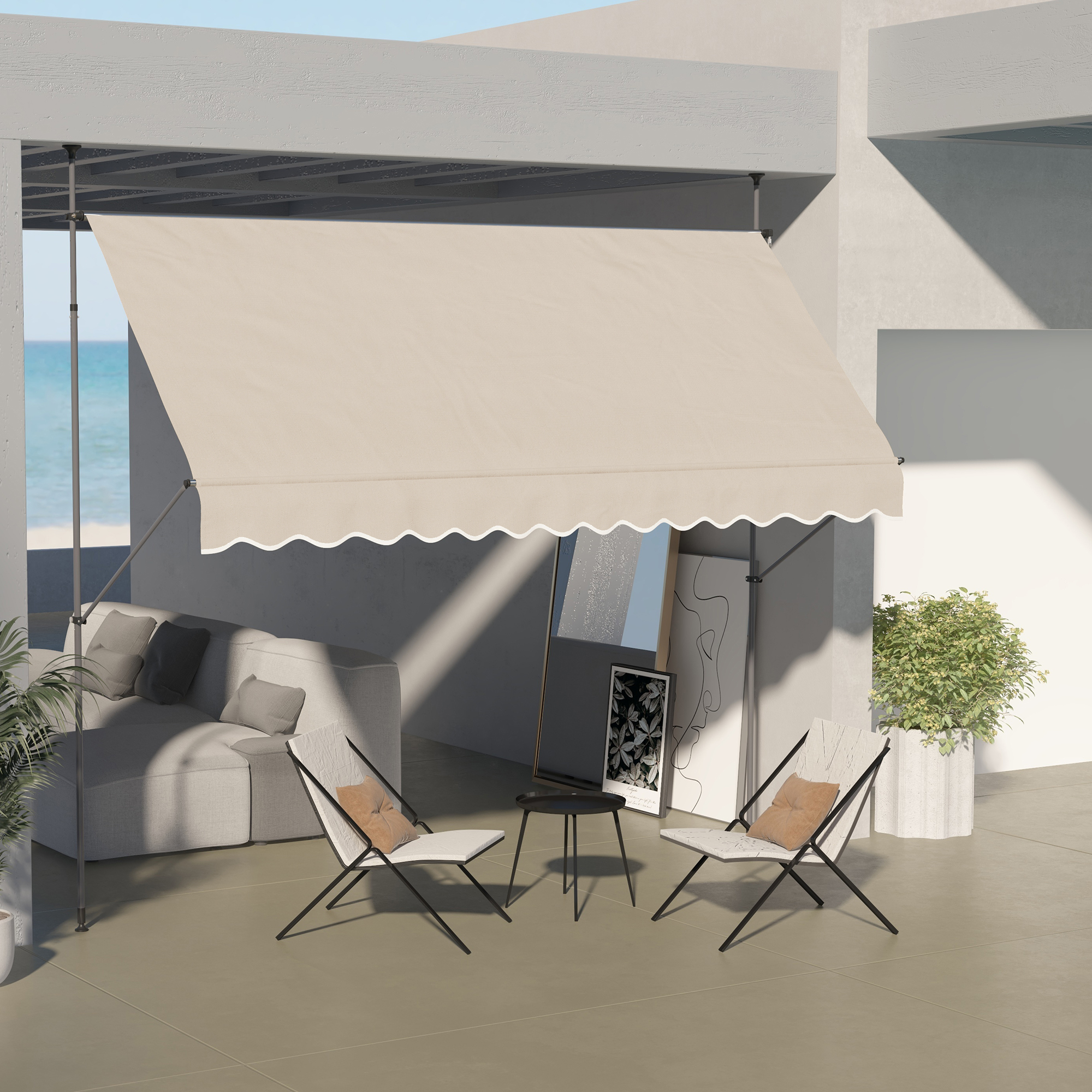Outsunny Selbststehende manuelle einziehbare Markise 3,5L x 1,2B x 2,1-3H m Einstellbare Neigung Metall Aluminium Polyester Sand