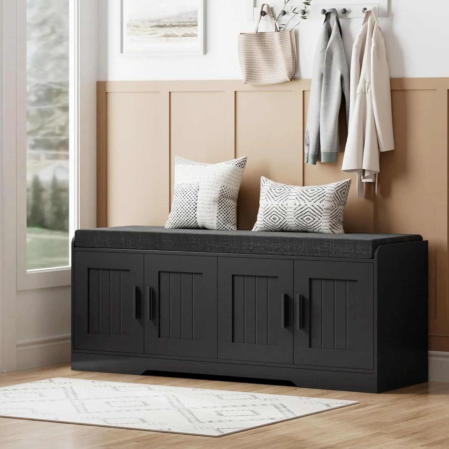 2-Tier Storage Bench, Shoe Bench with Thickened Padded Seat Cushion, Entryway Bench with 4 Doors, Adjustable Shelf, 13.8