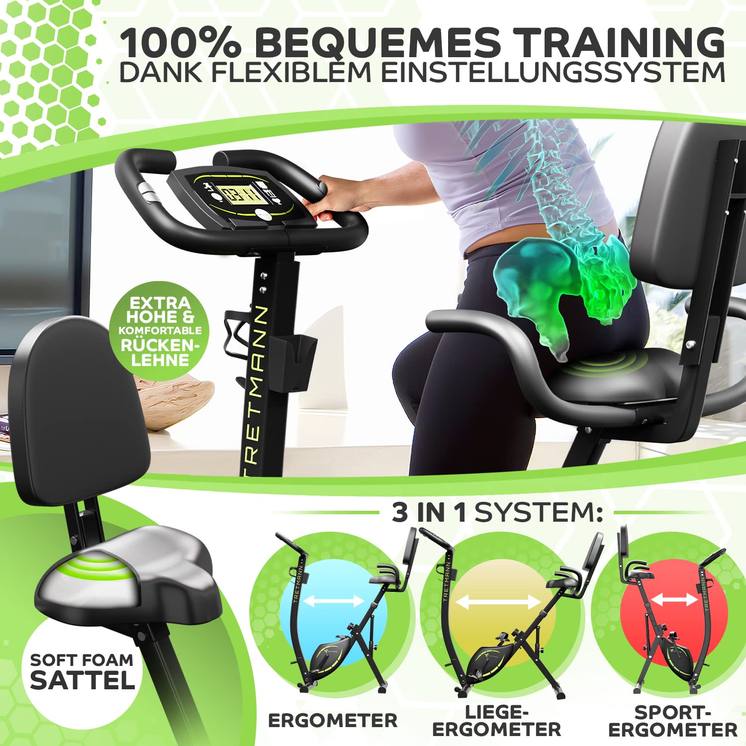 Tretmann 3in1 Heimtrainer Fahrrad klappbar extra leise und komfortabel für effektives Cardio Training zu Hause