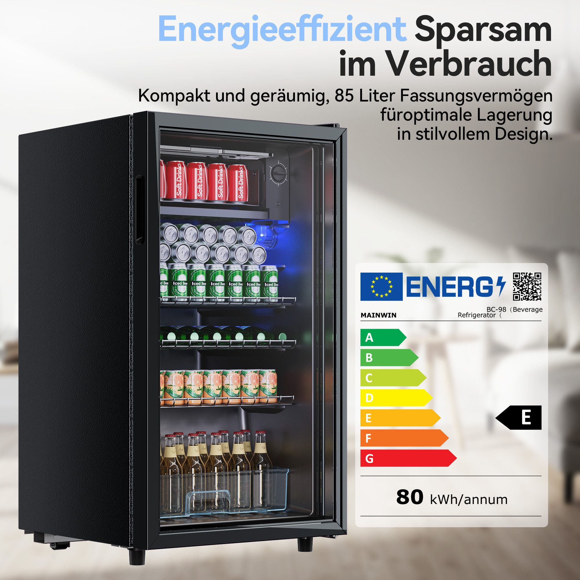 Getränkekühlschrank mit glastür,LED-Beleuchtung, Leiser BC-98