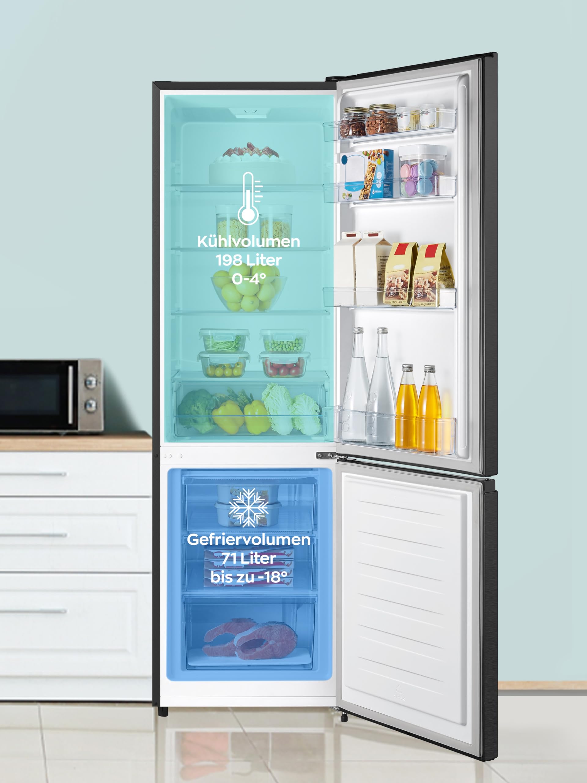 Kühlgefrierkombination 269 Liter 197 Liter Kühlvolumen 71 Liter Gefriervolumen Energieeffizienzklasse E 39 dB LED-Beleuchtung 180 x 55 x 55,8 cm
