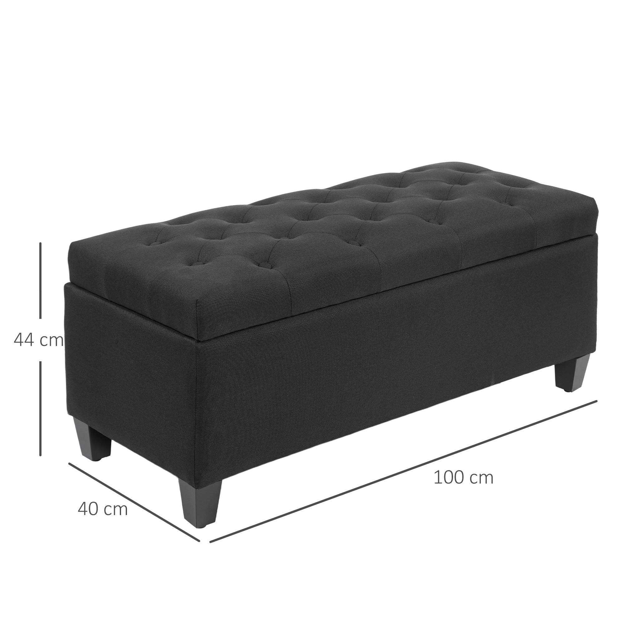 Zitbank met Opbergruimte, Halbank, Linnenachtig Polyester, Rubberhout, Zwart, 100 x 40 x 44 cm
