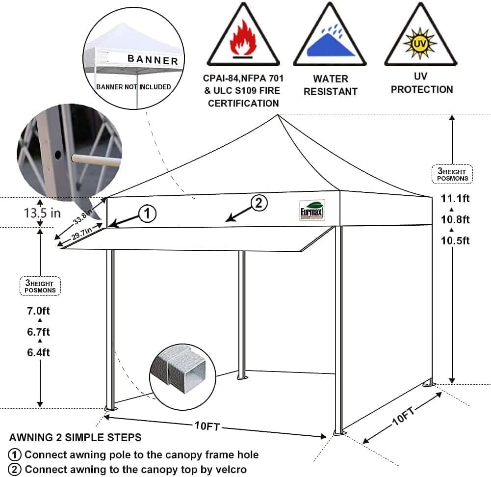 Eurmax USA 10 x 10 Pop up Canopy Commercial Tent Outdoor Party Canopies with 4 Removable Zippered Sidewalls and Roller Bag Bonus 4 Canopy Sand Bags & 24 Squre Ft Extended Awning(White)
