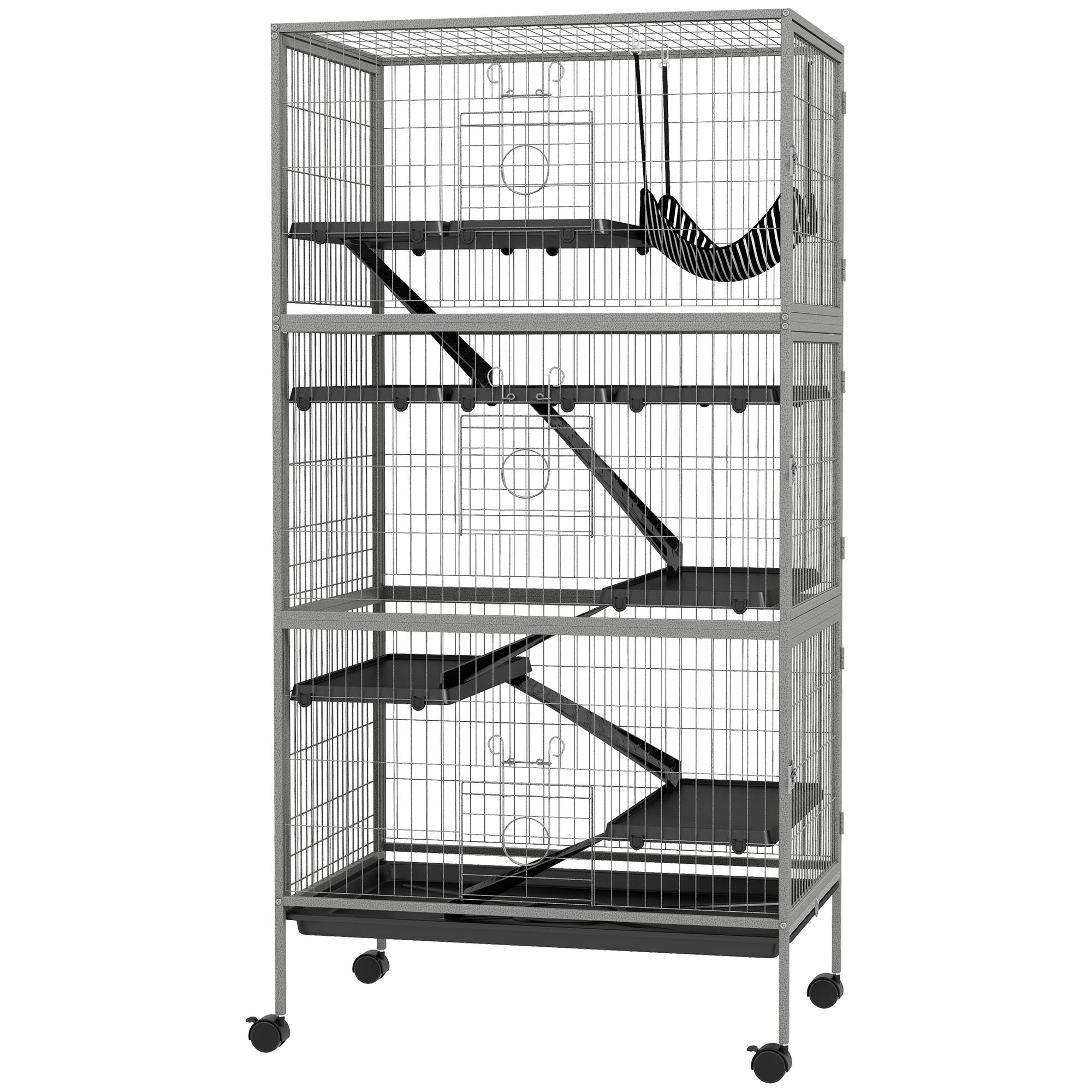 PawHut Käfig für Nagetiere multifunktional 4 Ebenen 3 Rampen 4 Türen Maße 80L x 52B x 159H cm aus Stahl in Grau-Silber-Schwarz
