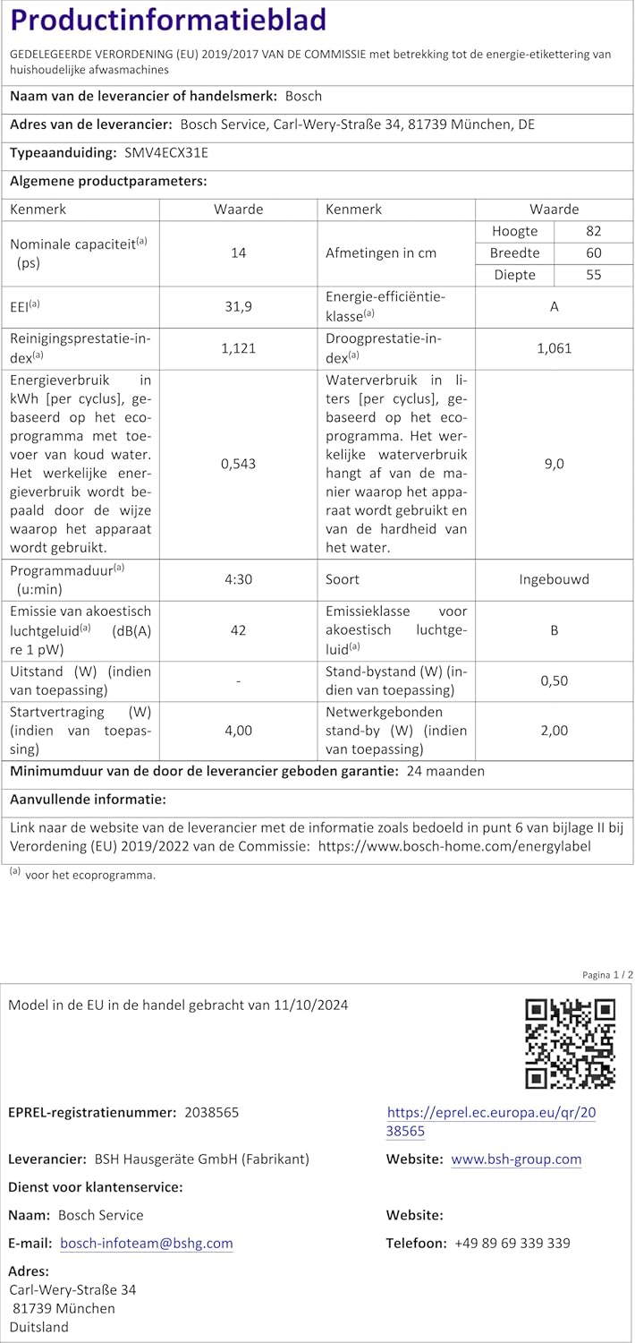 Bosch Elettrodomestici SMV2HVX02E Serie 2, Lavastoviglie da incasso a scomparsa totale, Home Connect, Diagnostica da remoto, Assistente al lavaggio, Programma Preferito, InfoLight, 3 cestello, 60 cm