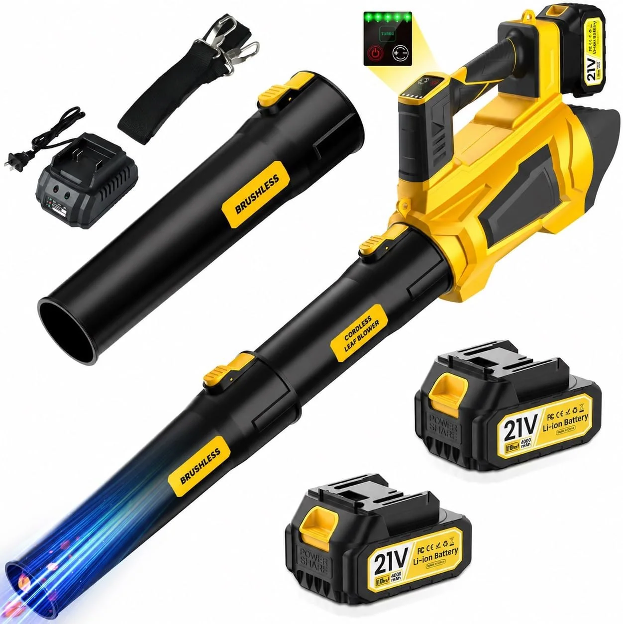 AKIBXK Laubbläser, 1000 W, 21 V, Schwarz, Akku 8000mAh, Bürstenloser Motor 98000 U/min, Akku Kabellos mit 5 Geschwindigkeiten & Turbo-Modus