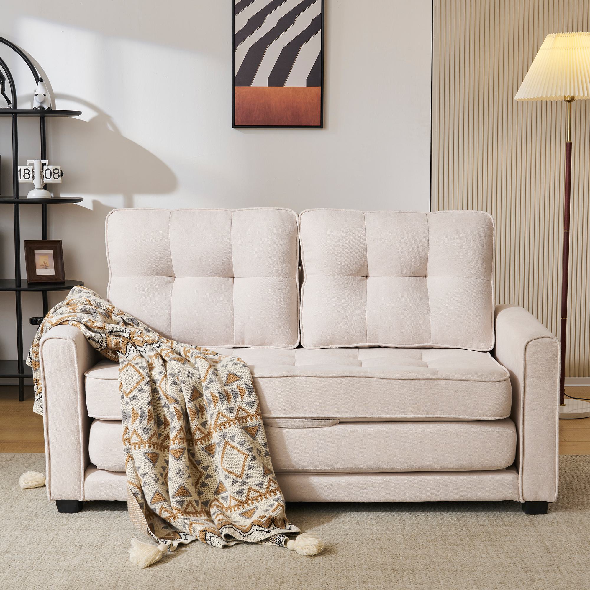 2-Sitzer Schlafsofa 151x75cm mit Seitentaschen, doppellagiger Polsterung, ausklappbar, Modernes Design fürs Zuhause, Beige