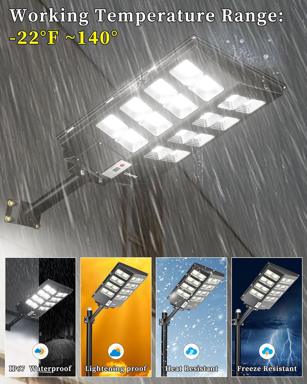 Ofuray Of-2600W Solar Straßenlaterne für Außen, 268000LM Solarlampen für Außen mit Bewegungsmelder, 6500K LED Solarstrahler mit Fernbedienung IP67 Wasserdicht, Geeignet für Straßen, Höf, Garten