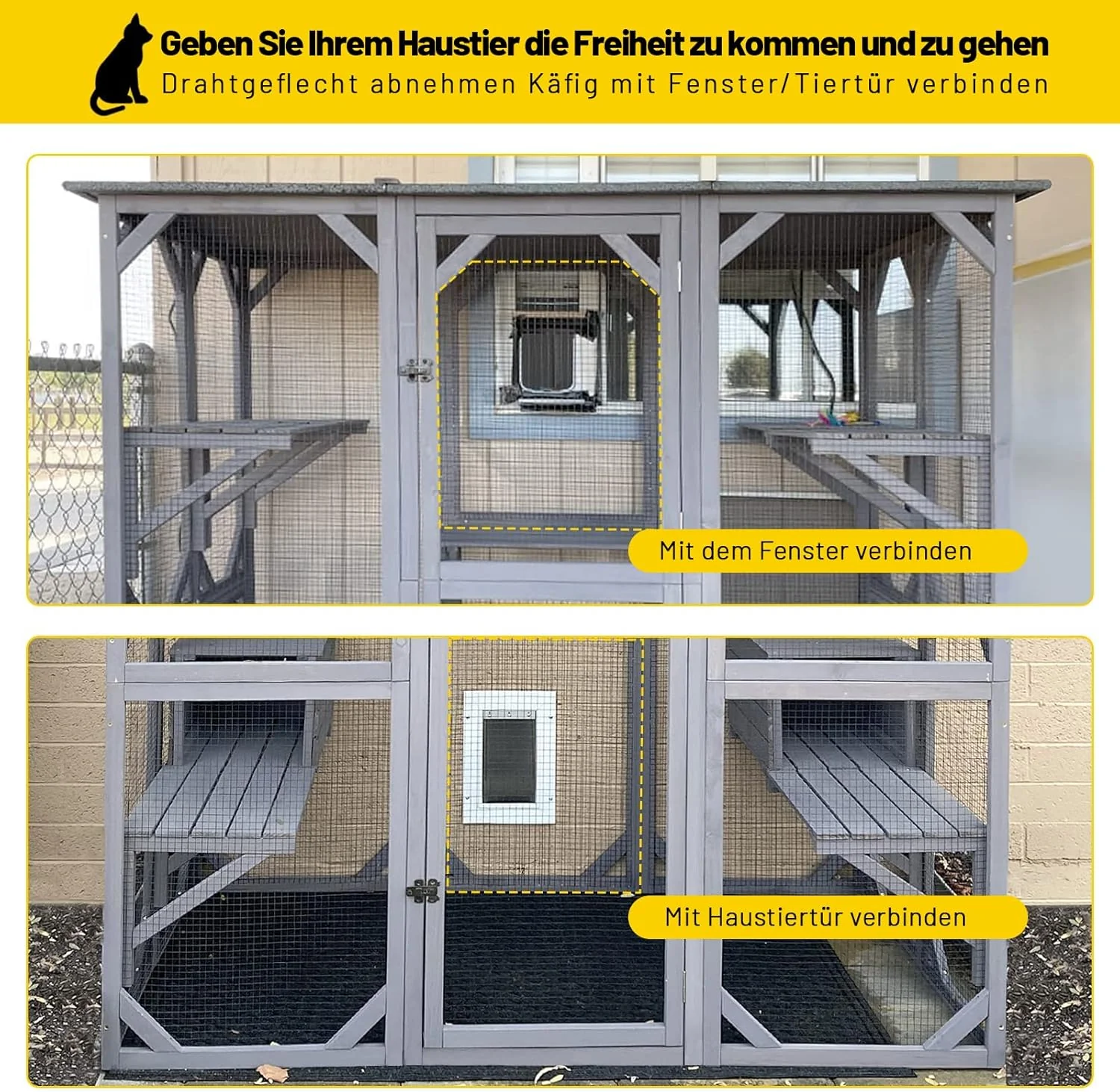 Kattenhuis Outdoor Catio Kitty Omheining met Super Grote Toegangsdeur, Houten Kattenkooi Condo Indoor Box met Platforms en Klein Huis