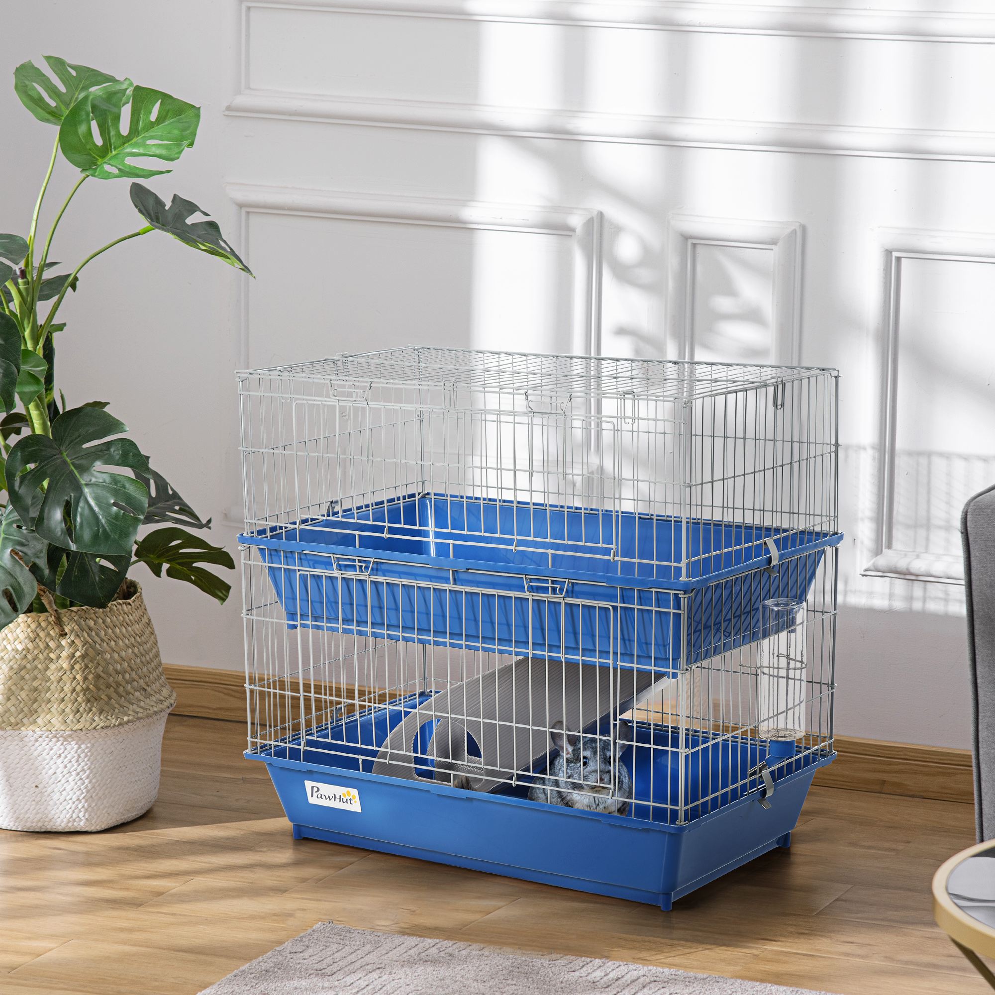 PawHut Kleintierkäfig mit 2 Ebenen und Zubehör 72 cm x 44 cm x 67 cm Blau + Grau + Silber