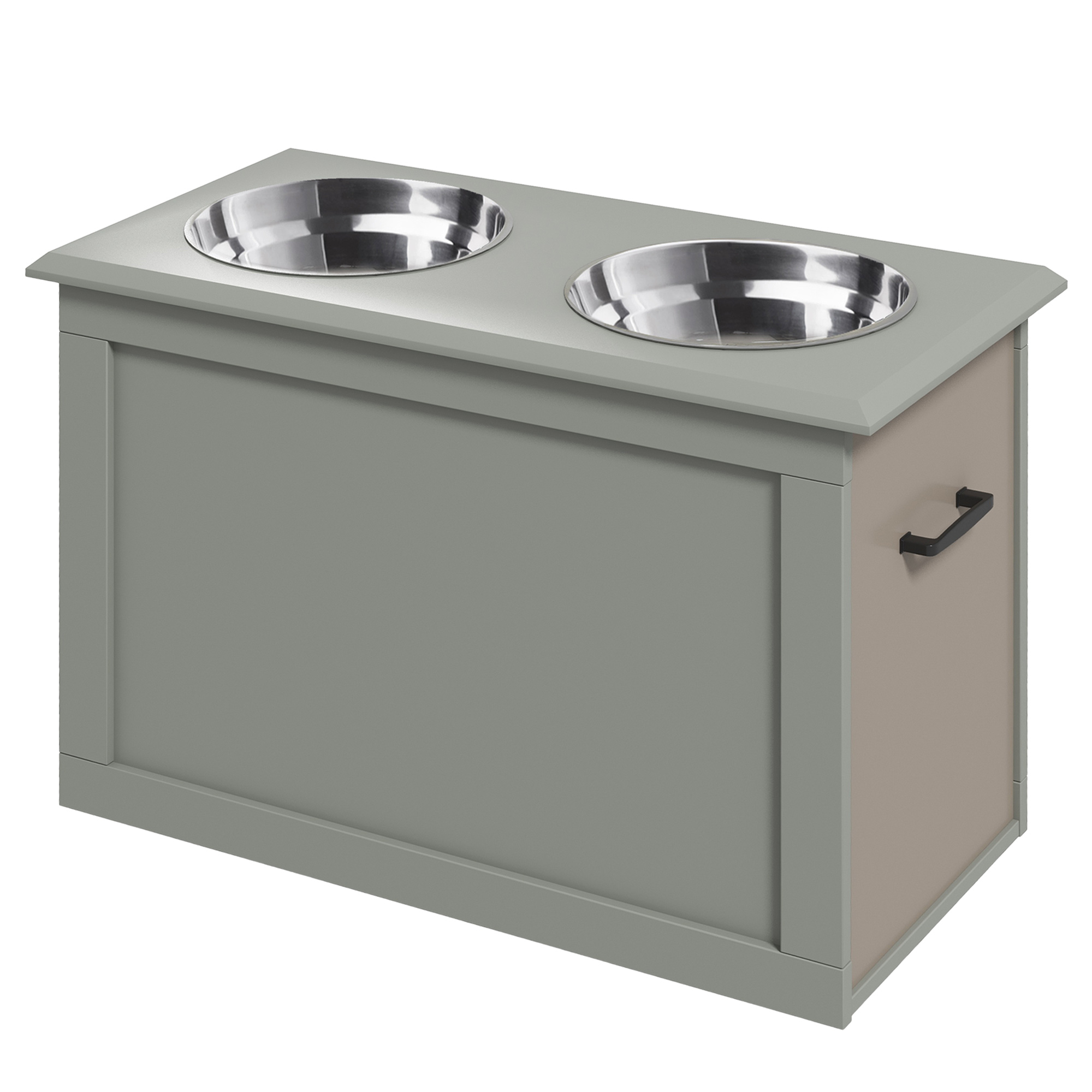 PawHut Futterstation Erhöhte Fressnäpfe 1 Stauraum 2 Edelstahl-Futternäpfe,  60 cm x 30 cm x 41 cm, Grau