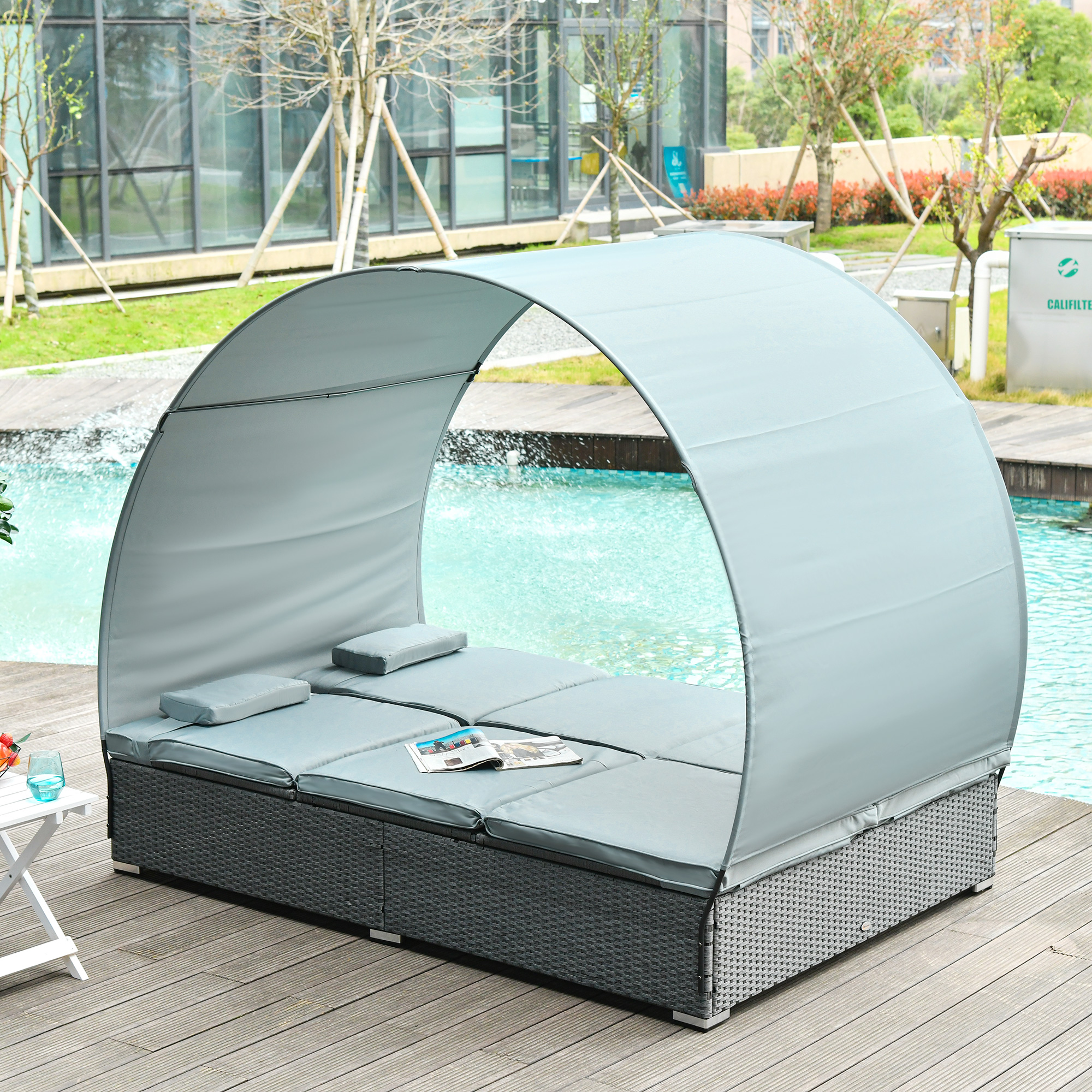 Outsunny Poly Rattan Doppelliege Sonnenliege für 2 Personen mit Sonnendach Gartenliege Stahl Polyester Grau 196 x 137 x 36,5 cm