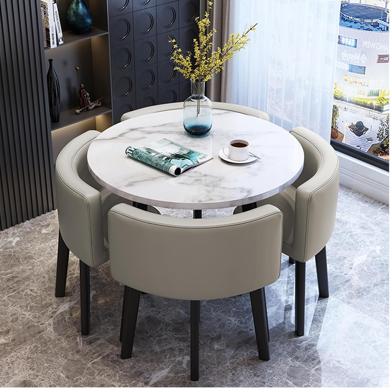 Set di tavolo da pranzo rotondo per 4 persone, tavolo da conferenza in finto marmo con sedie salvaspazio per soggiorno, cucina e salotto, design elegante