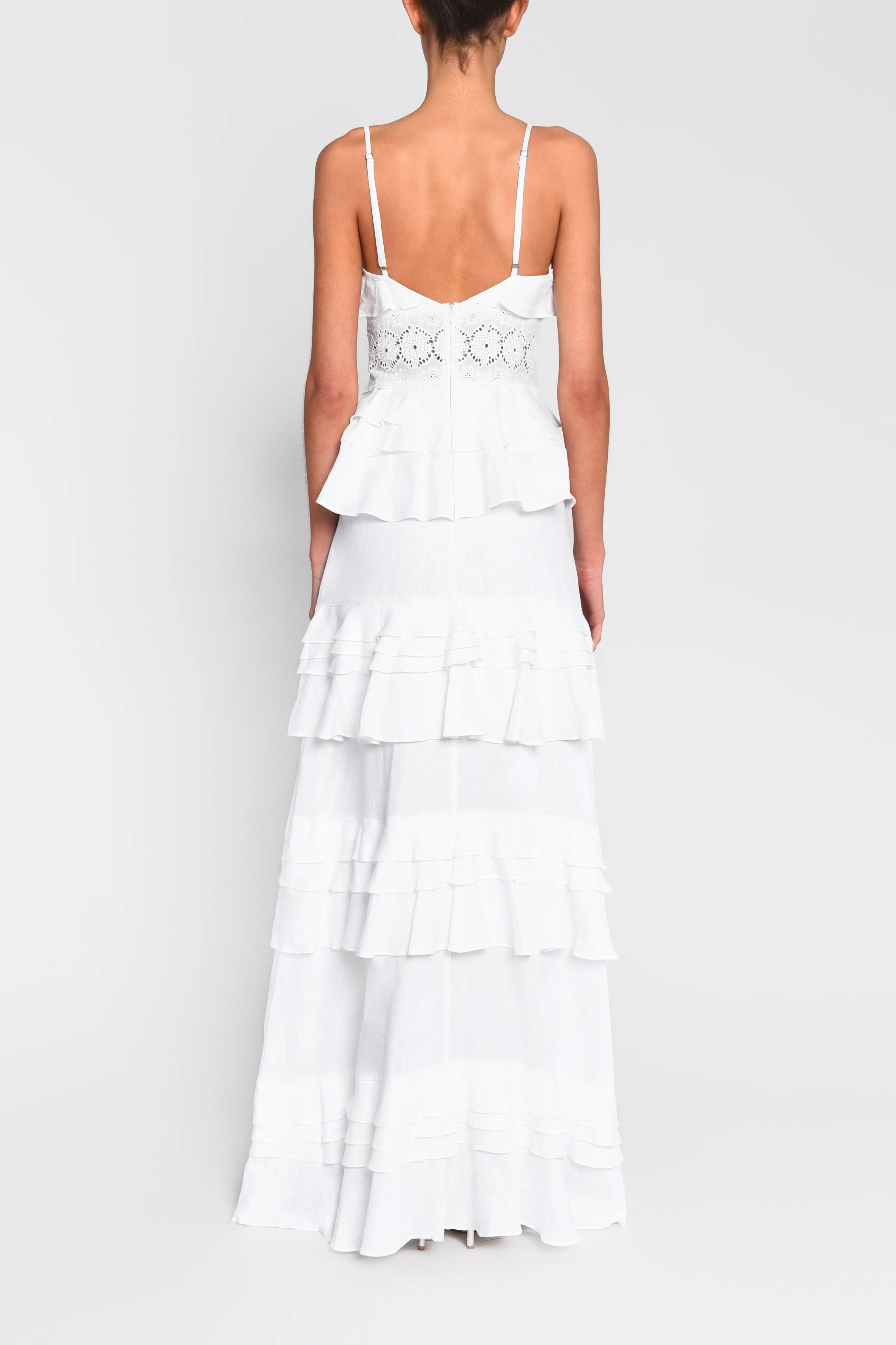 Sophia White Linen Tiered Ruffle Maxi Dress