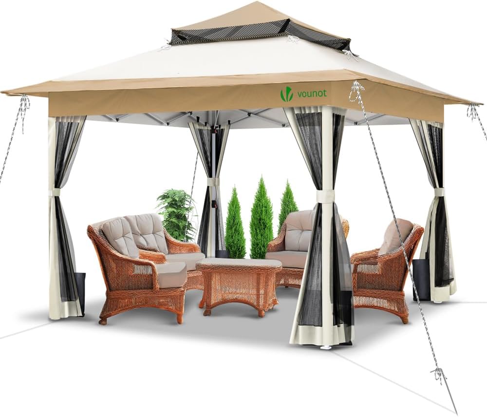 VOUNOT? 3.6 x 3.6 m Folding Gazebo with 4 Mesh Side Parts, Garden Gazebo Pop Up Pavilion Tent Double Roof with Weight Sand Bags and Transport Bag, Beige