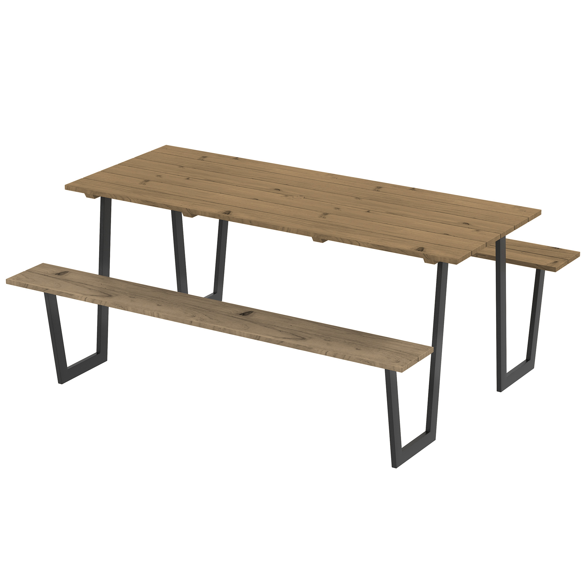 Outsunny Ensemble Tisch und Bänke aus Biergartenholz, Picknicktisch aus Holz mit Bank, 175 cm, Sonnenschirmloch, Braun