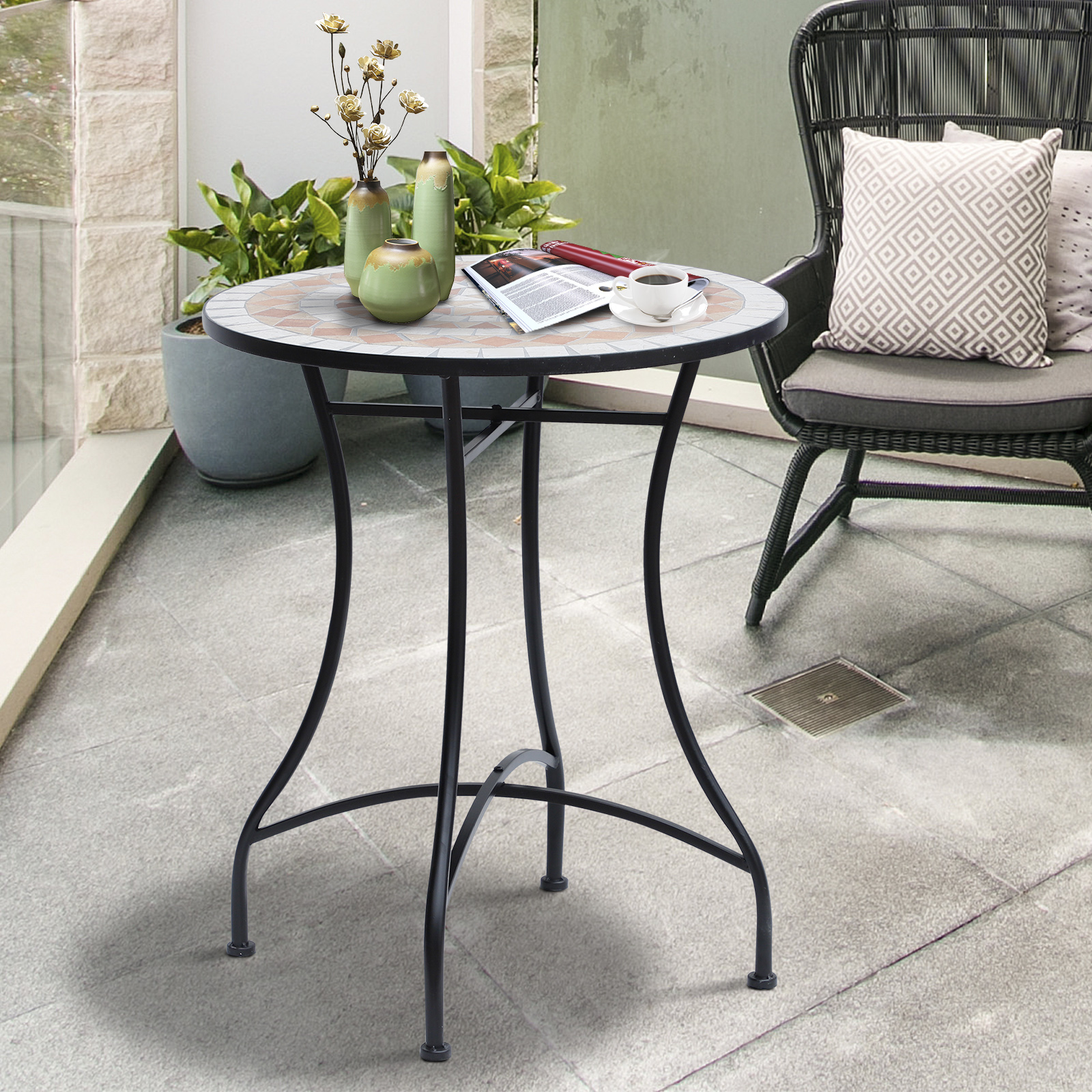 Outsunny Gartentisch Mosaiktisch Balkontisch Beistelltisch Seviertisch rund Stahl + Keramik Orange + Weiß Ø60 x H71 cm