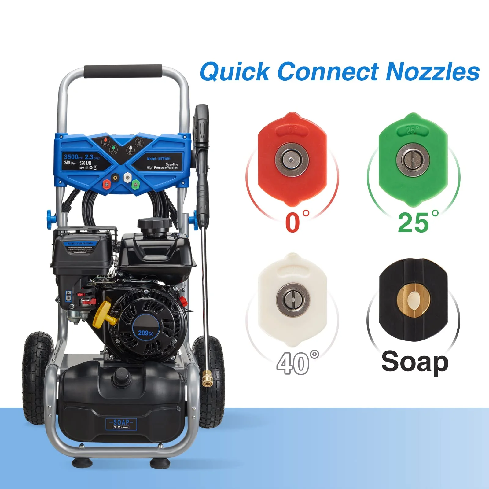 Efurden 3500PSI Gas Pressure Washer, 2.3GPM Gas Powered High Pressure Clean Machine with 209CC Engine, 4 Adjustable Nozzles for Cleaning Walls, Terraces, Vehicles, Gardens (Blue)