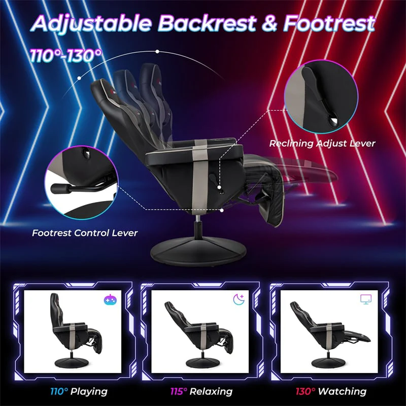Ergonomic Gaming Recliner Chair with Massage, Retractable Footrest & Cup Holder, Height Adjustable Racing Style Swivel Video Game Chair