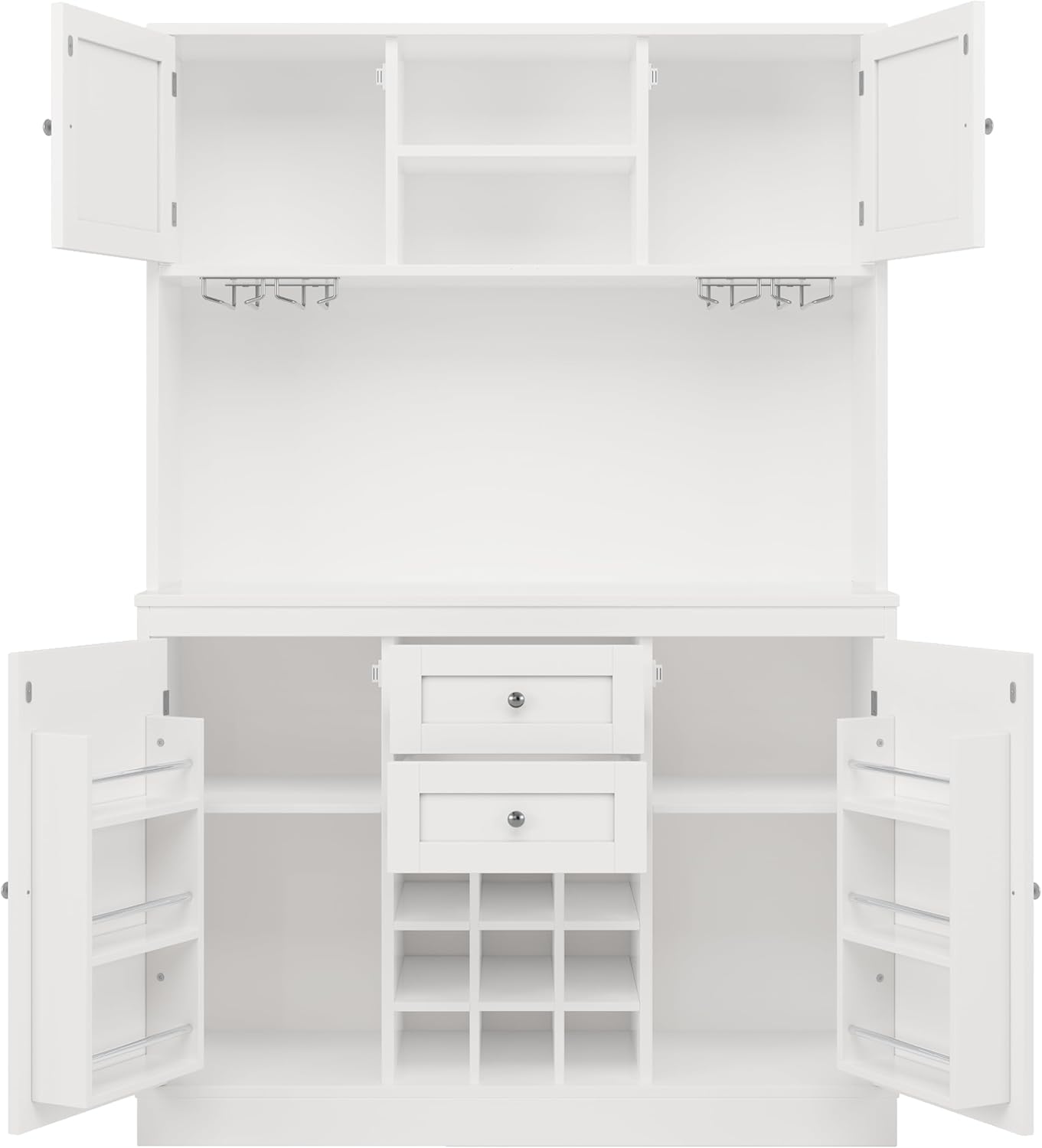 Armadietto da cucina a buffet con ripiani regolabili e scaffale per vino, armadietto alto da cucina a buffet con 4 ante e 2 cassetti, credenza, 120 x 40 x 188 cm, bianco