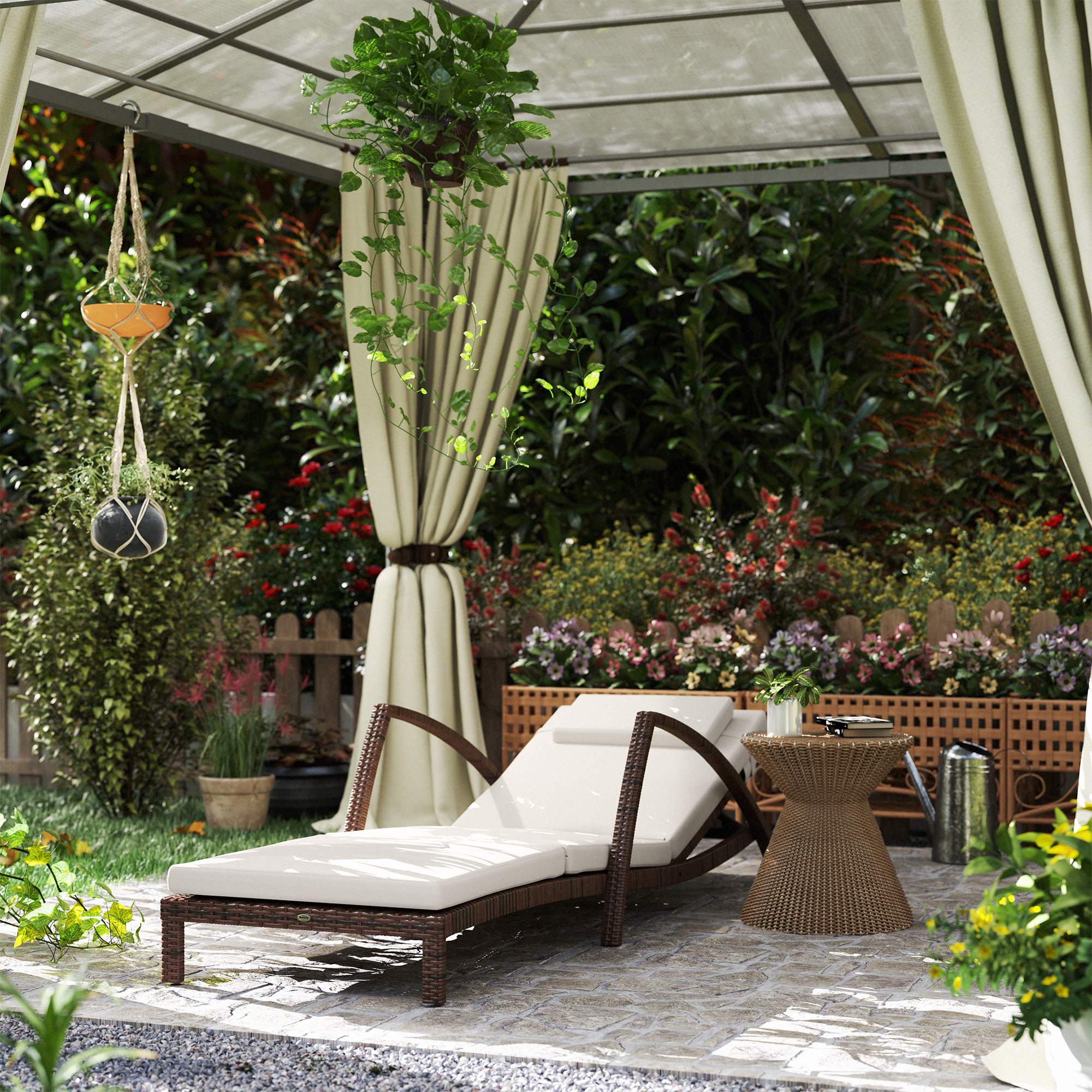 Outsunny Sonnenliege, Gartenliege aus Polyrattan mit verstellbarer Rückenlehne, Rollen, Kissen und Armlehnen, Braun und Beige