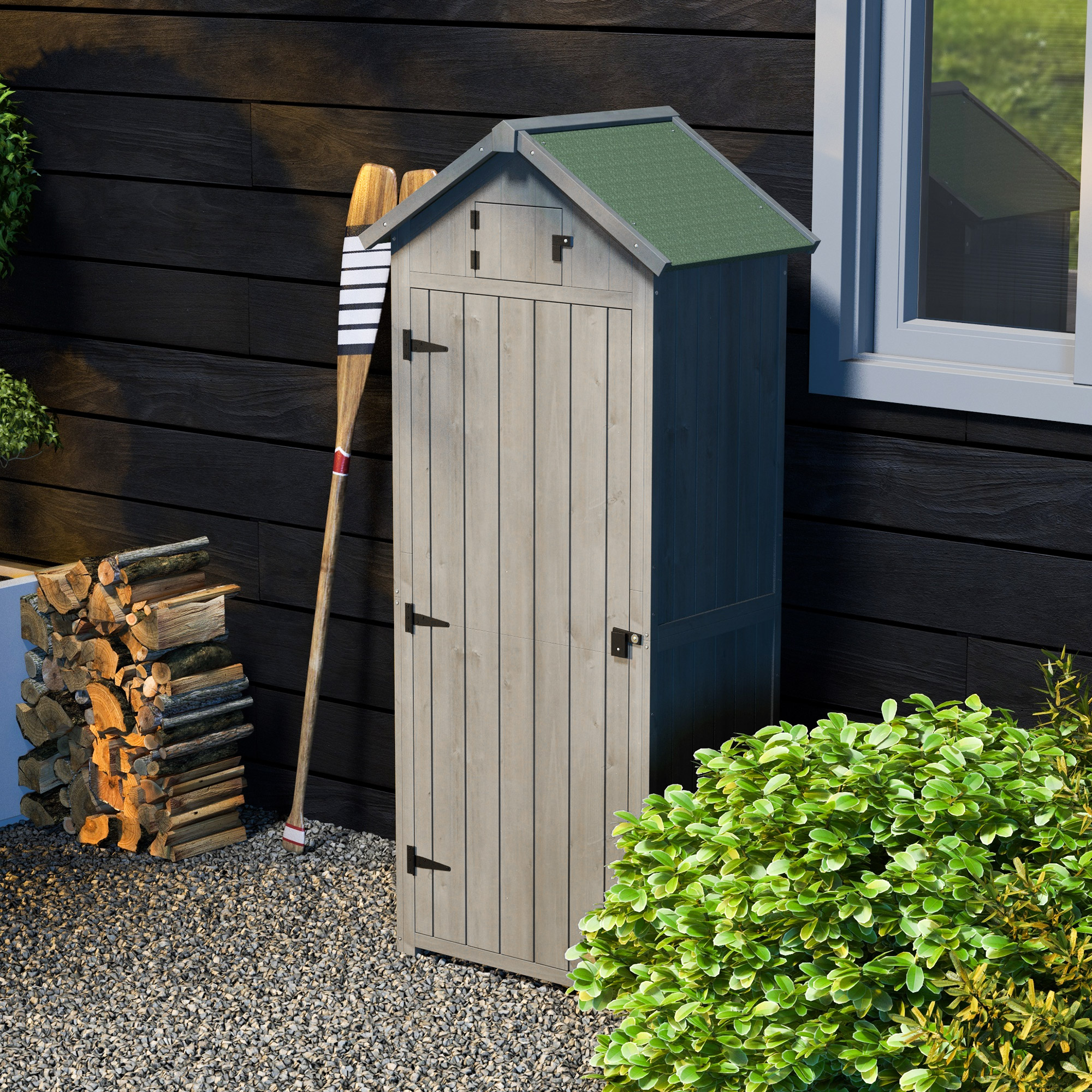 Outsunny Gartenschrank Holz, Geräteschuppen wetterfest 77x54,2x179cm, Gerätehaus mit Tür, Satteldach, Geräteschrank mit Böden, Werkzeugschrank Gartenschuppen für Garten, Terrasse, Grau+Grün