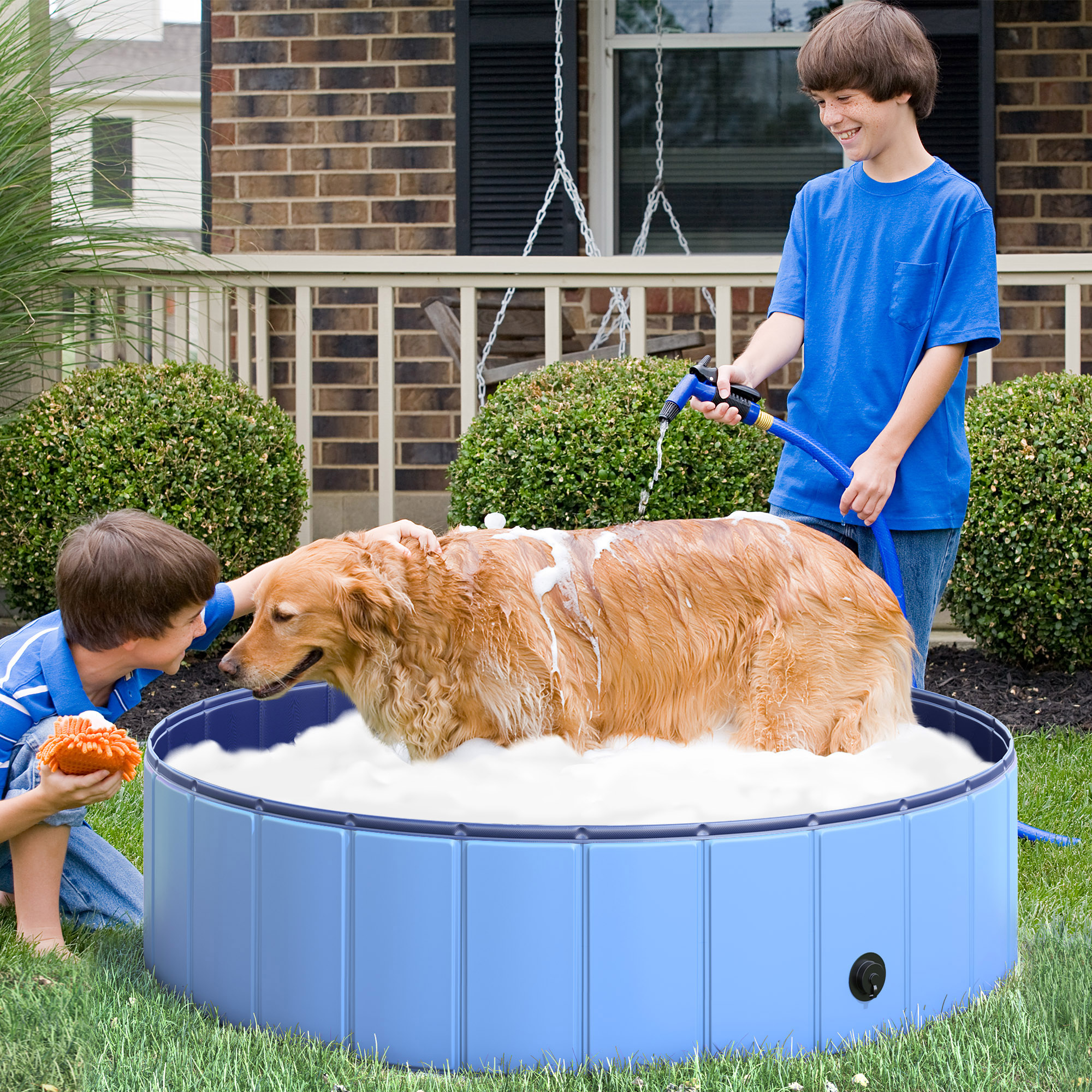 PawHut Hundebadewanne faltbar Badewanne Hundepool Plantschbecken Swimmingpool Wasserbecken für Hunde und Katzen Schwimmbecken Kunststoff+Holz Blau Ø120 x H30 cm