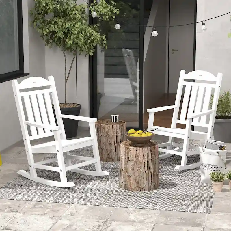 Outsunny 2 Pieces Outdoor Rocking Chair, All Weather-Resistant HDPE Rocking Patio Chairs with Rustic High Back, Armrests