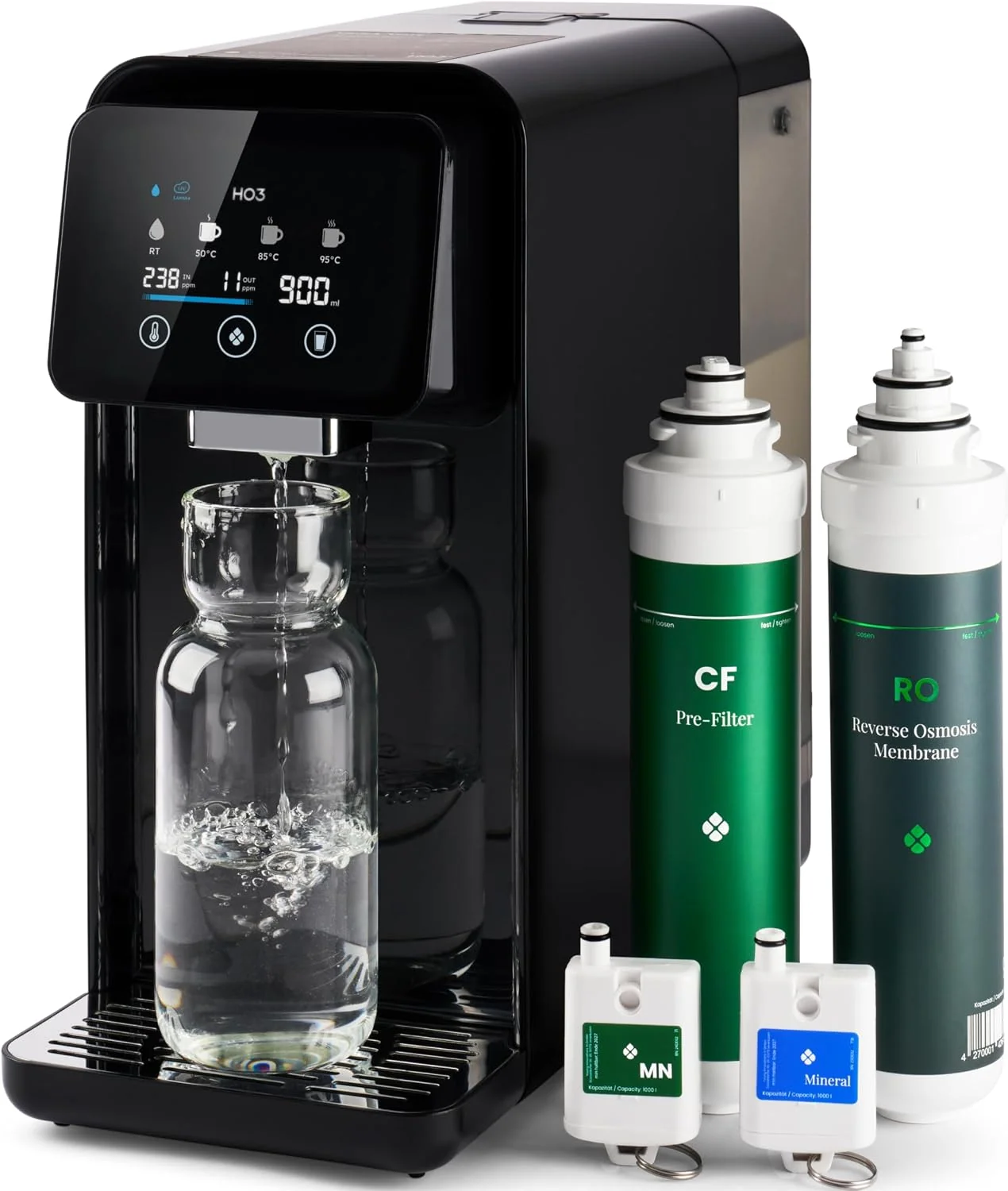 HO3 Wasseraufbereiter, Schwarz, Home One Auftisch Osmoseanlage für Trinkwasser mit 4, 95°C), 10 Stufen Wasserausgabe