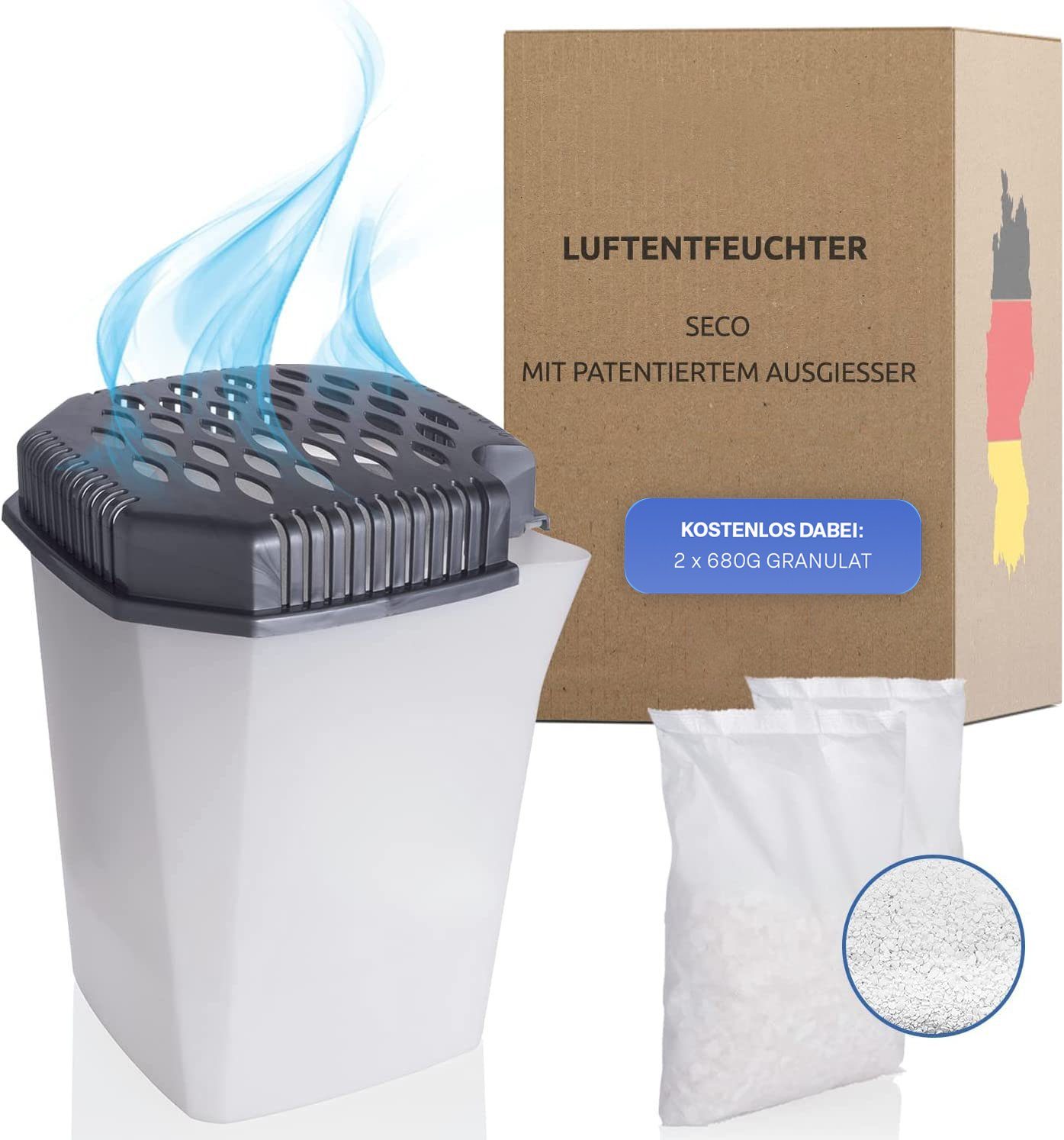 Granulat-Luftentfeuchter mit Ausgießer inkl. 2x 680 g Nachfüllpacks