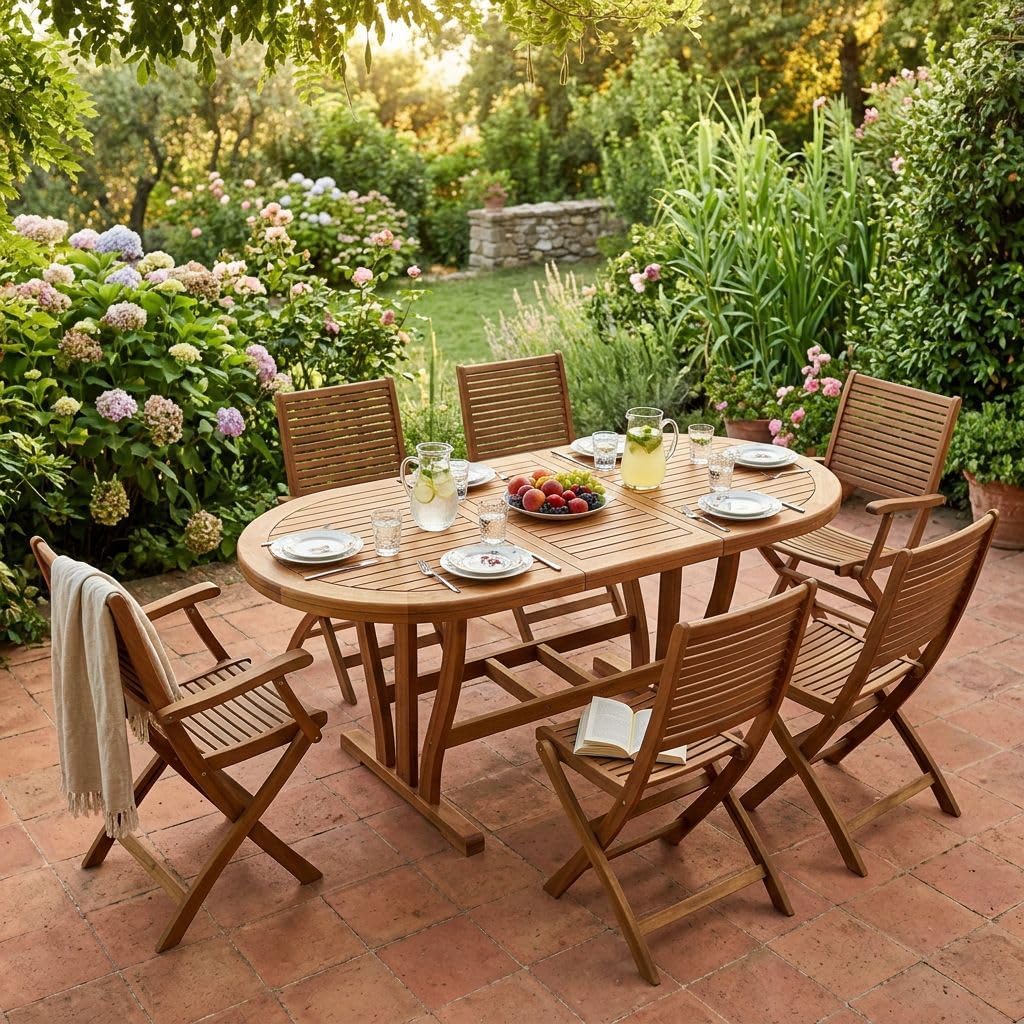 milani home - Set Tavolo Giardino Allungabile Ovale 180/240x100 Con 4 Sedie E 2 Poltrone In Legno Di Acacia Massiccio Per Esterno - Marrone